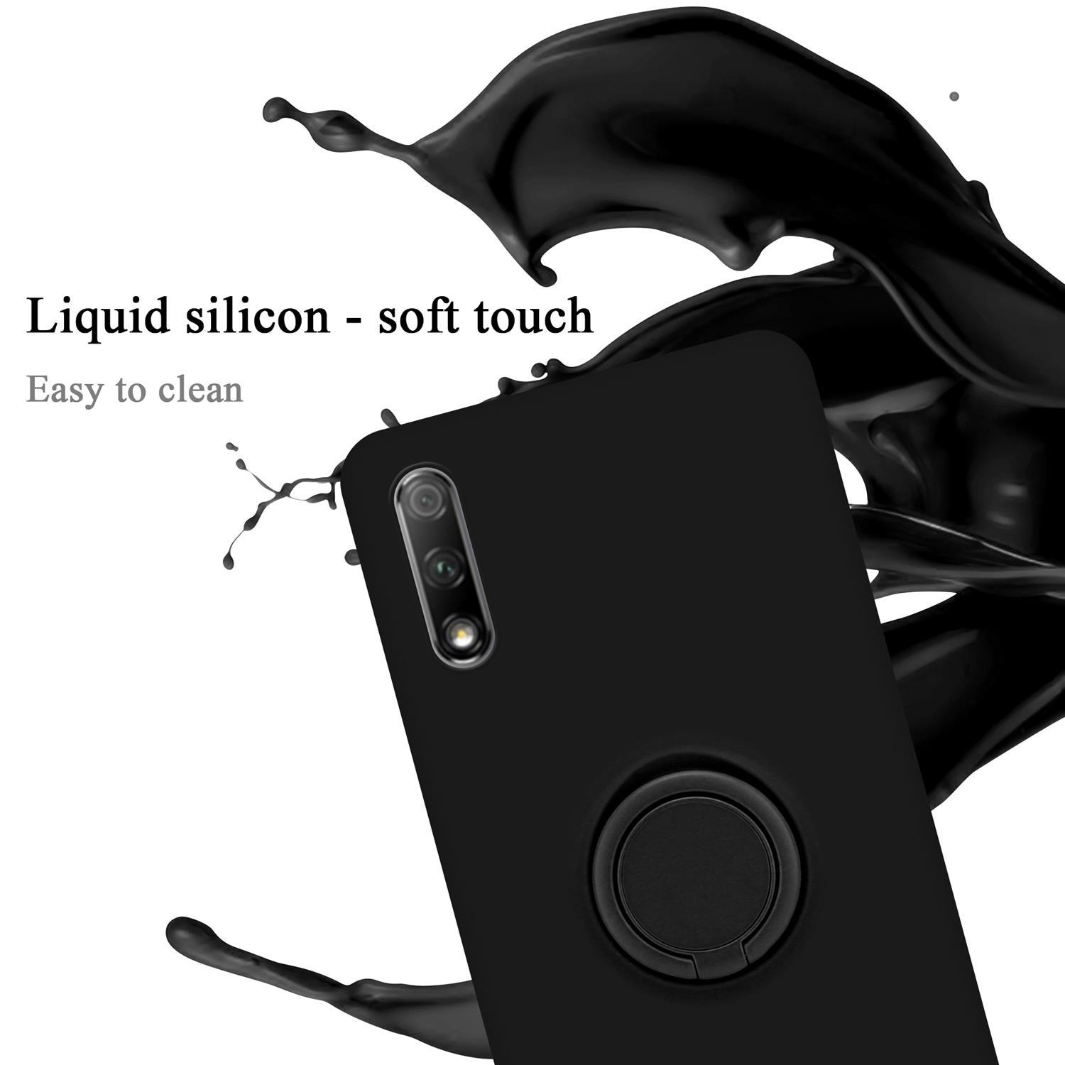Una custodia per telefono nera con un supporto ad anello. Schizzo di liquido nero sullo sfondo.