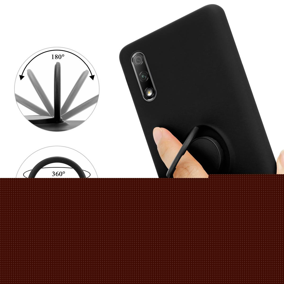 Custodia nera con supporto ad anello. Dito che tiene il telefono. Frecce a 180 e 360 gradi.