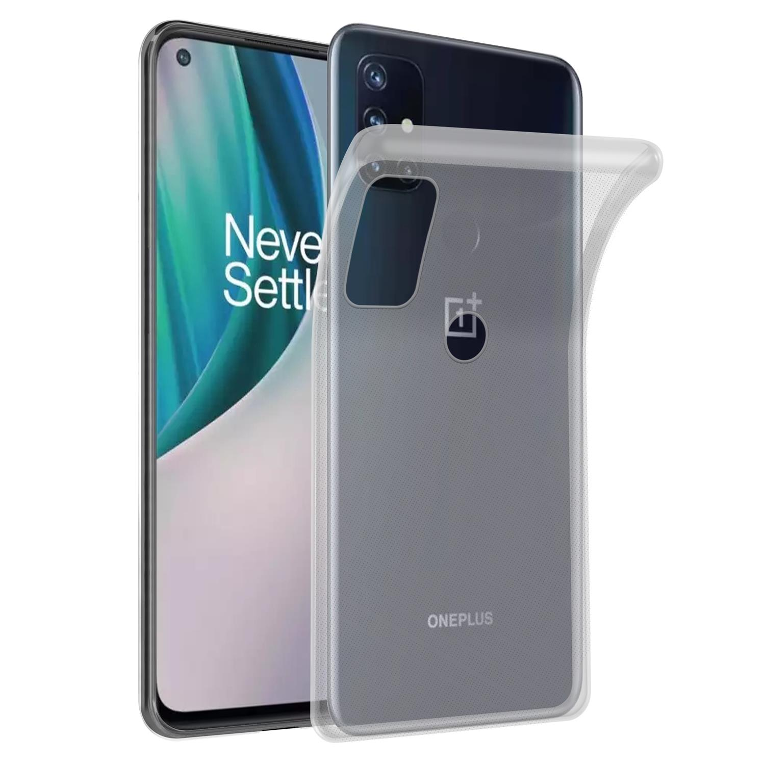 Transparente Handyhülle auf Telefon, Bildschirm sichtbar, transparente Hülle, OnePlus-Branding.