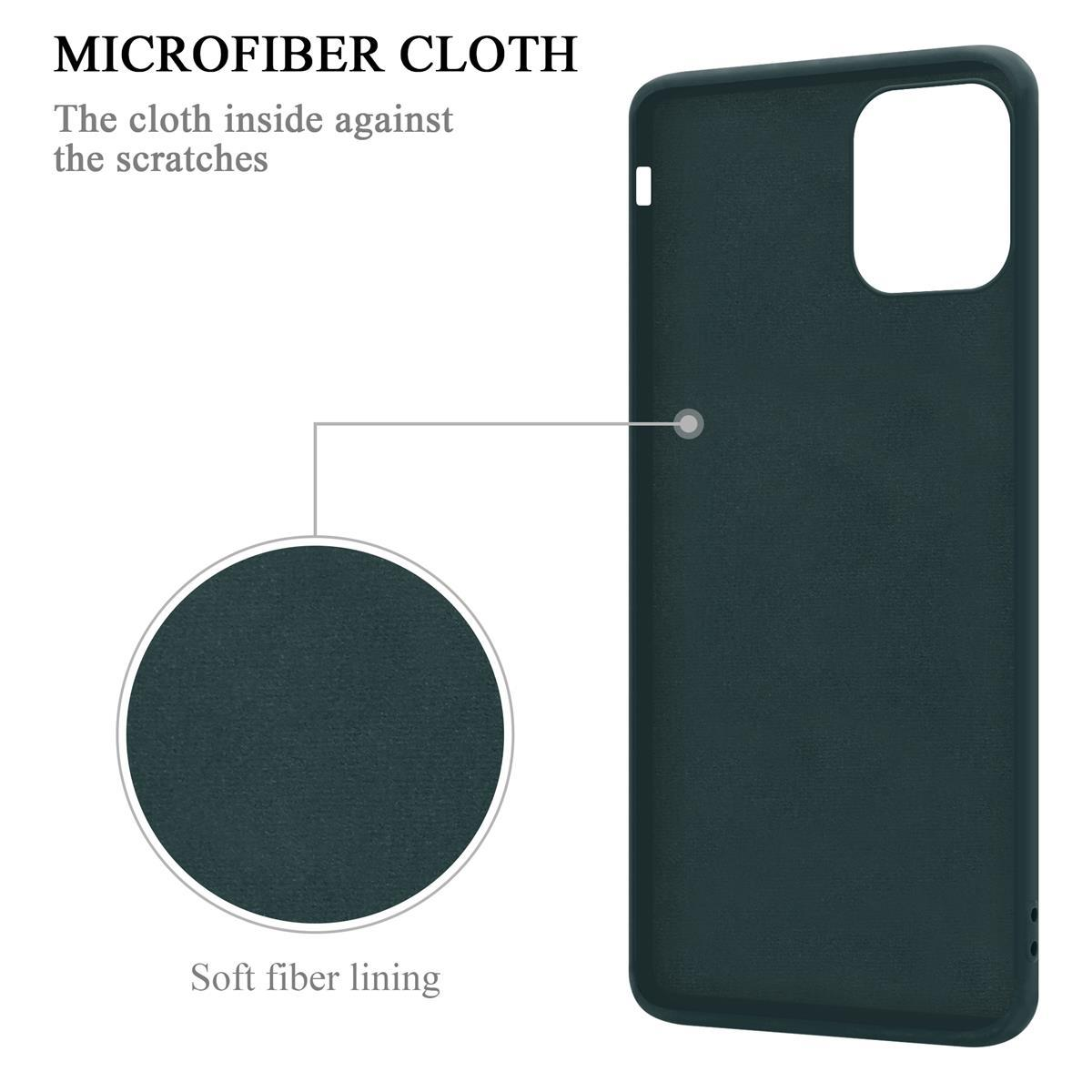 Una custodia per telefono verde scuro con un primo piano della fodera in fibra morbida e un testo sul panno in microfibra.