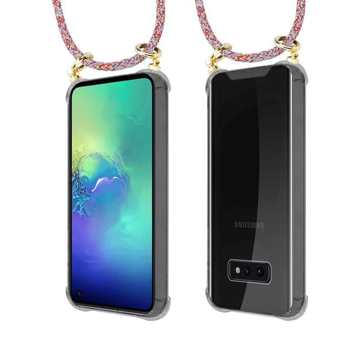 Zwei Telefone mit Hüllen und Riemen. Eins zeigt Display, das andere die Rückseite des Telefons.