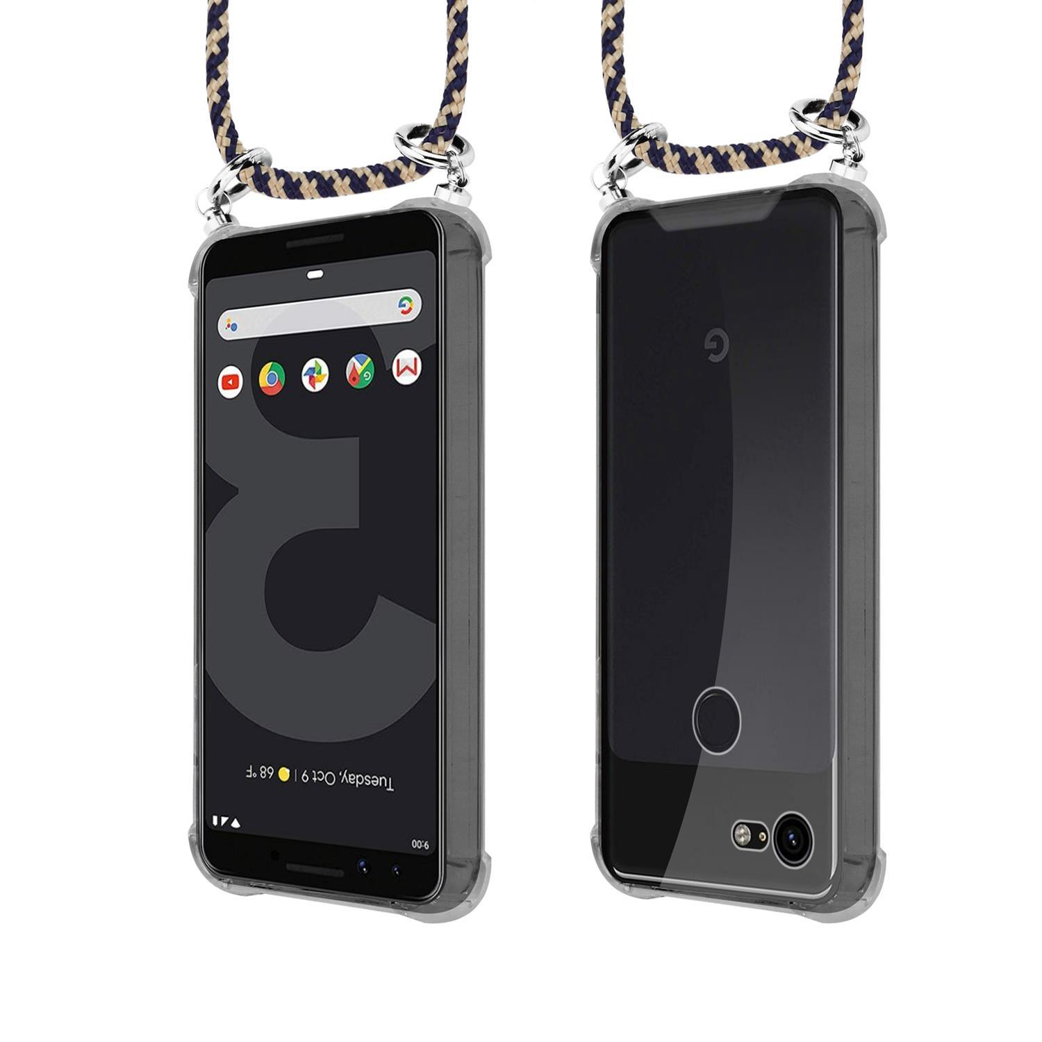 Zwei Telefone in transparenten Hüllen mit Lanyards. Eines zeigt den Bildschirm, das andere die Rückseite.