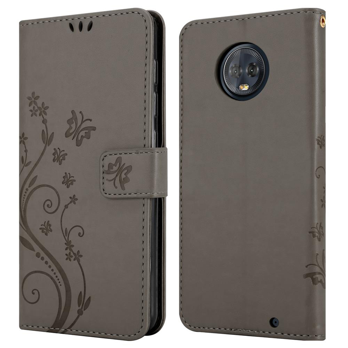 Una custodia per telefono con un design floreale. La custodia è grigia. La custodia ha un lembo con chiusura magnetica.