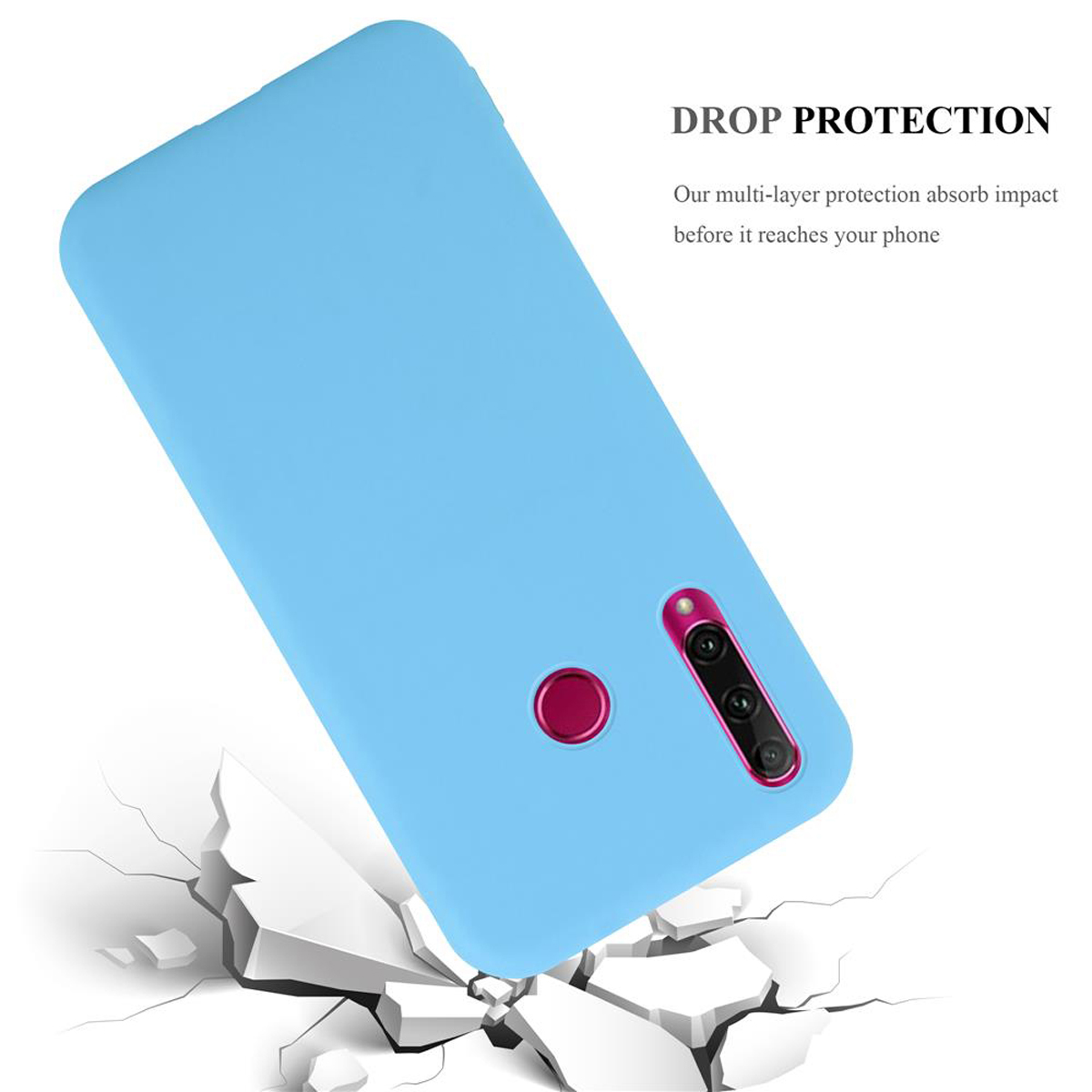 Una custodia per telefono blu con un effetto di terreno crepato.