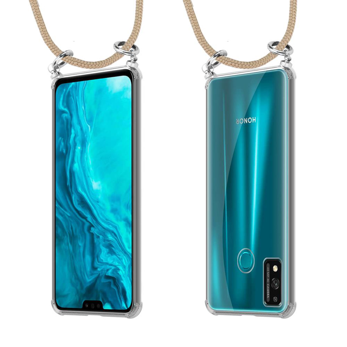 Telefono con custodia, display anteriore con colori blu-verdi, retro con logo Honor, con corda.