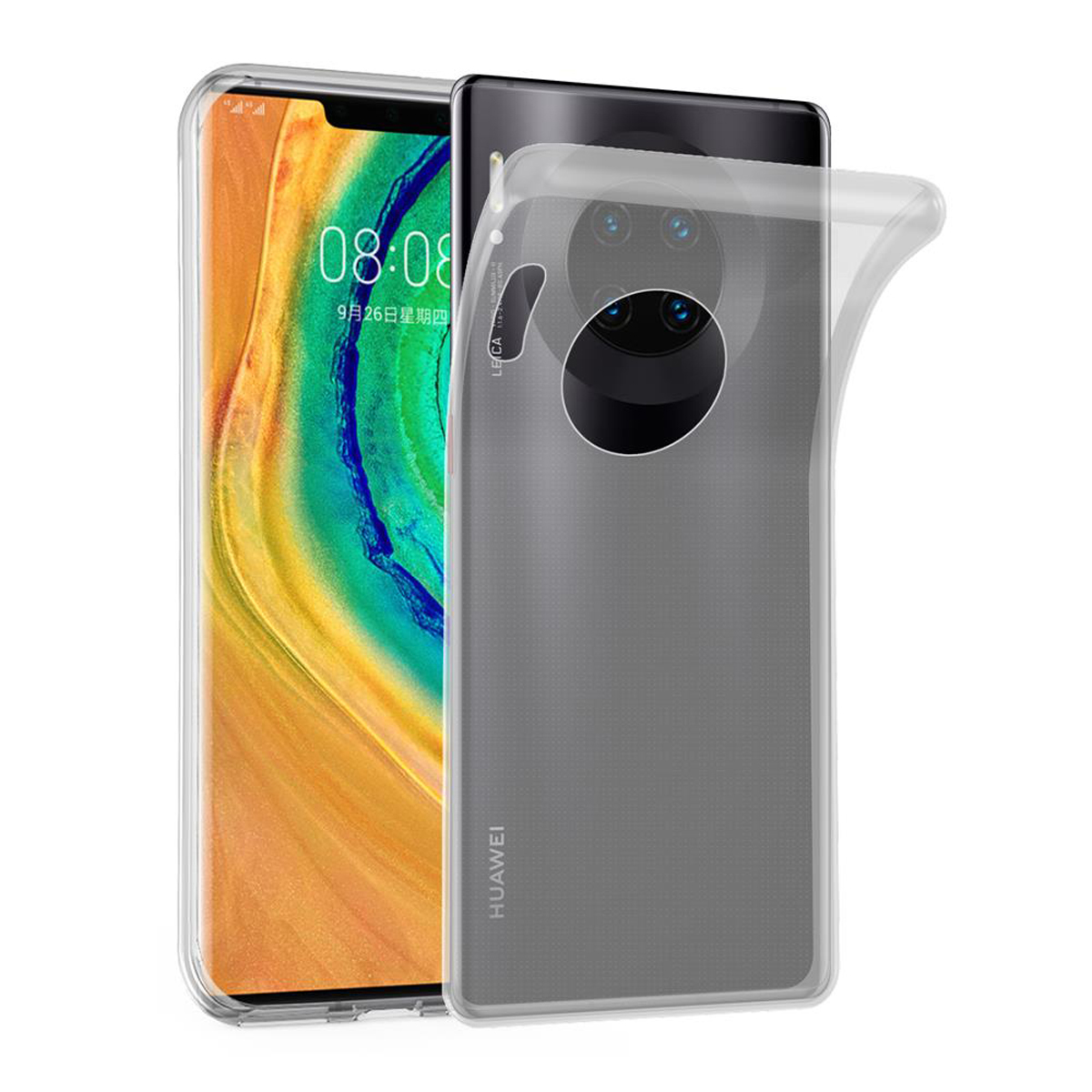Telefon in einer transparenten Hülle. Die transparente Hülle ist offen, ein Telefon ist drin. Das Telefon zeigt die Zeit.