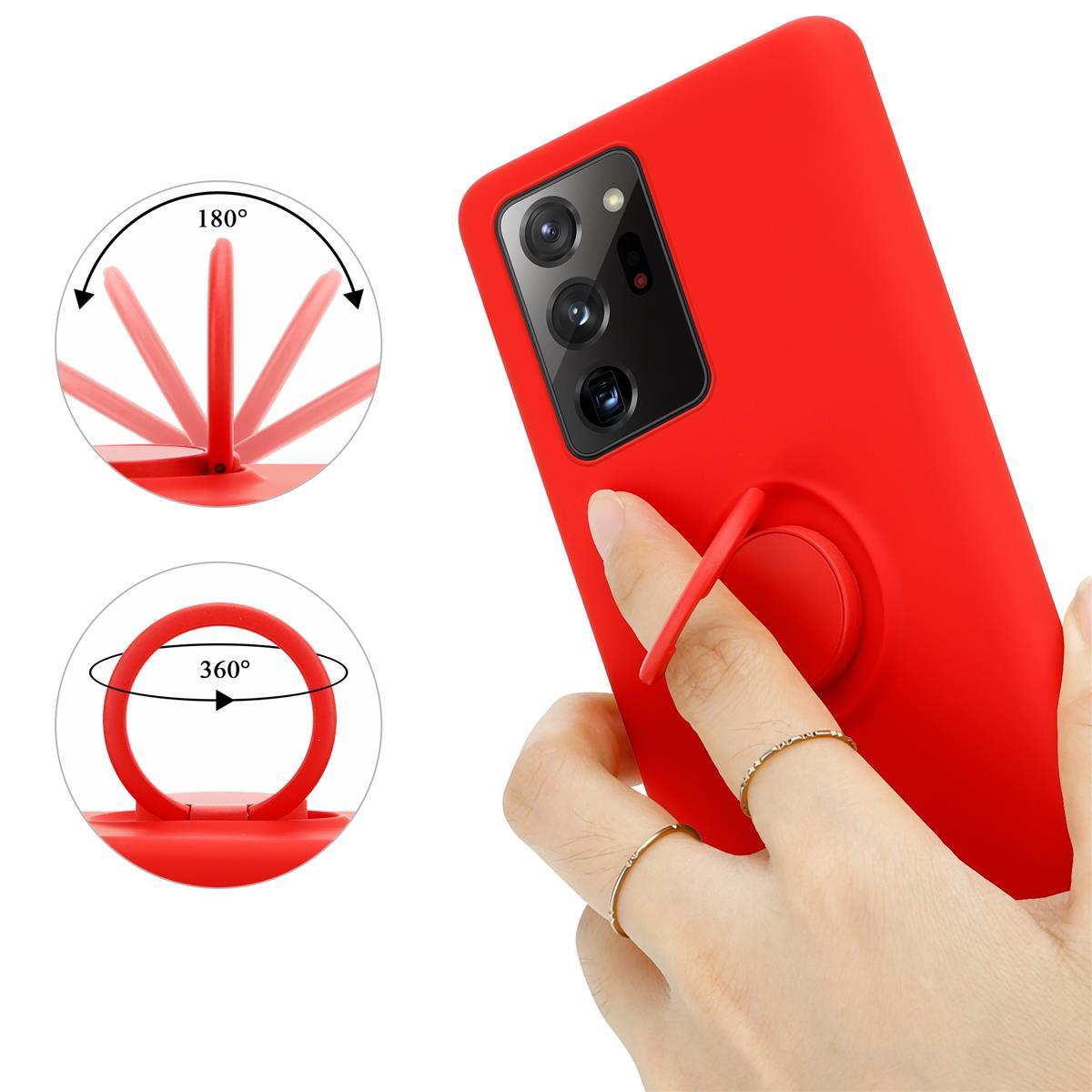 Una custodia per telefono rossa con un supporto ad anello. Il supporto ad anello può ruotare di 180 e 360 gradi.