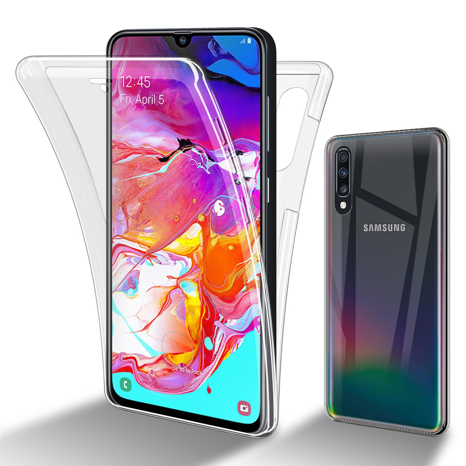 Custodia trasparente su un telefono Samsung. Sfondo bianco.