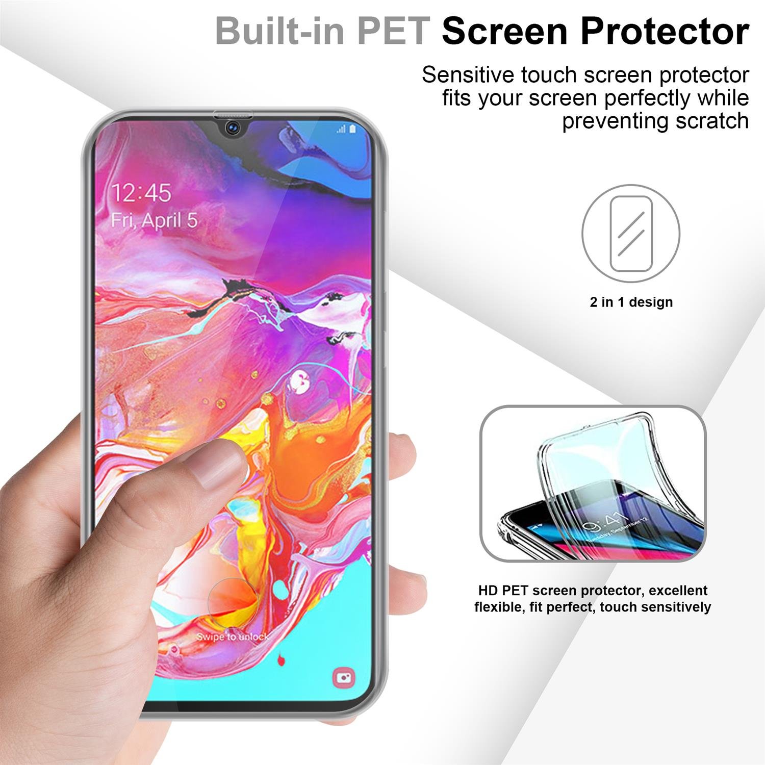 Una mano che tiene un telefono con una protezione per lo schermo. Viene mostrato anche il testo sulla protezione per lo schermo.