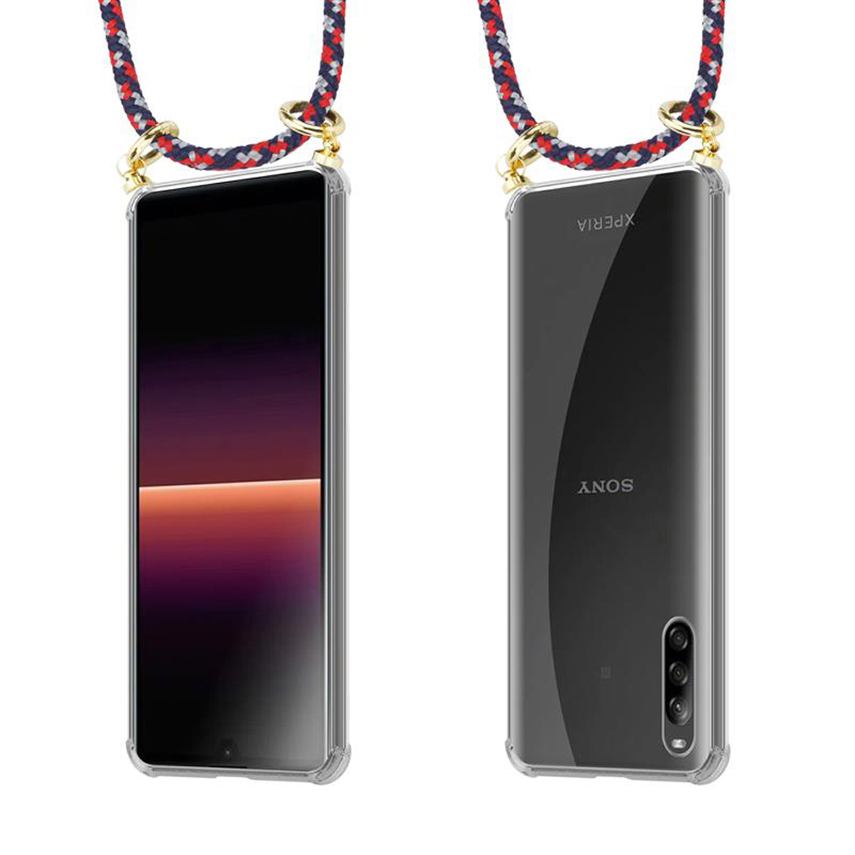 Due immagini di un telefono in una custodia con un cordino. La parte anteriore mostra uno schermo, il retro il logo Sony.