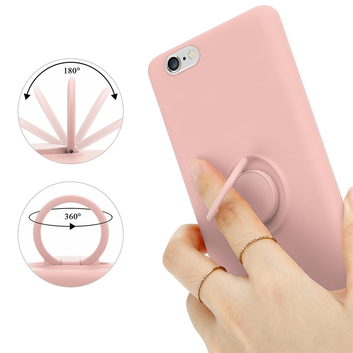 Rosa Telefon mit Ringhalter. Der Ring kann sich um 180 und 360 Grad drehen. Das Telefon ist in einem rosa Gehäuse.