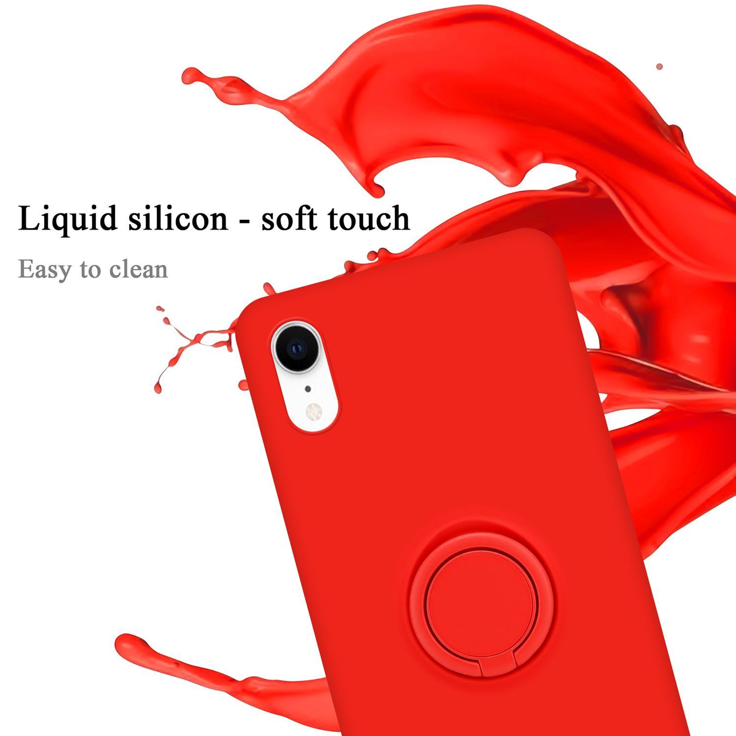 Una custodia per telefono rossa con un supporto ad anello. Il testo dice che è silicone liquido, morbido al tatto e facile da pulire.