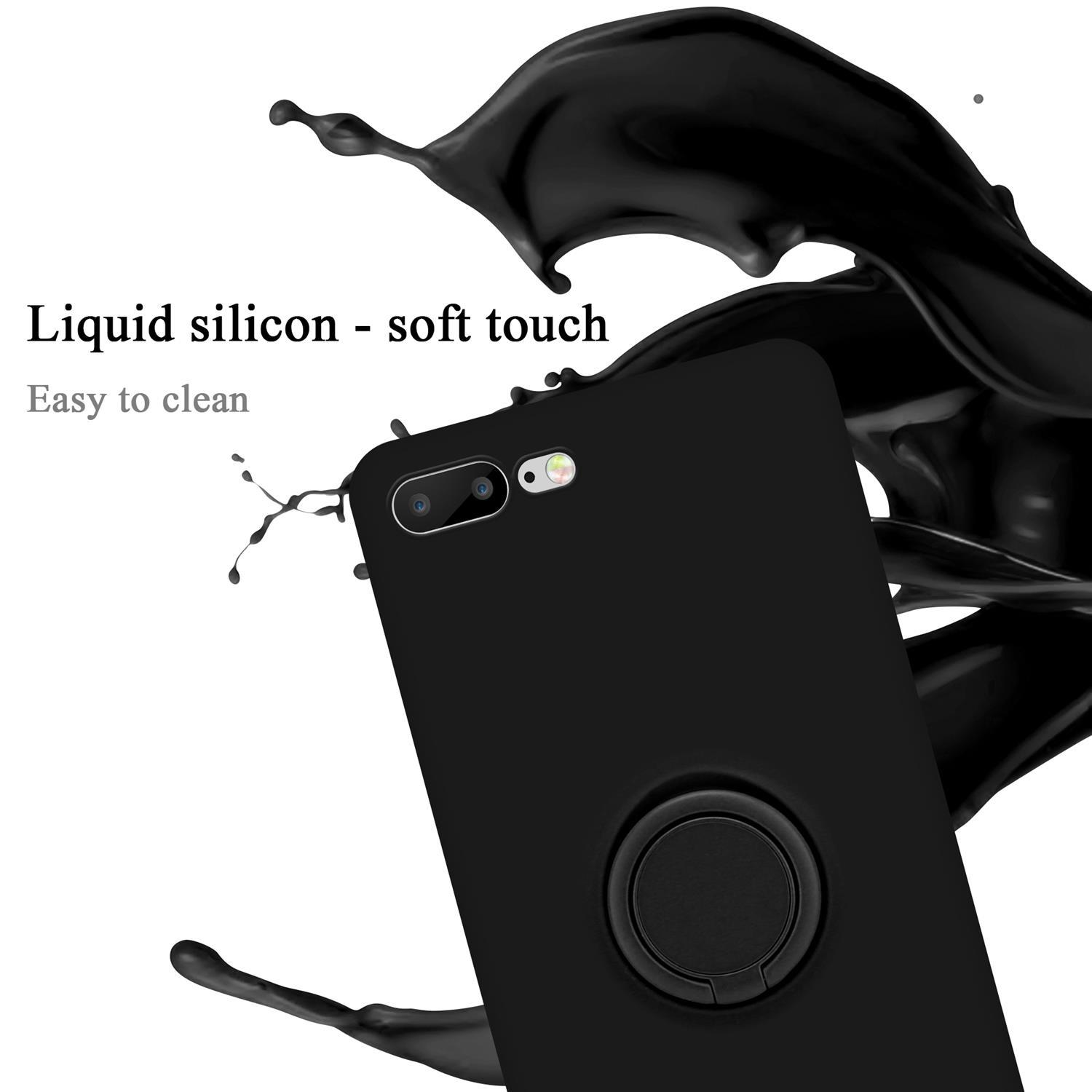 Custodia nera con anello. Schizzo di liquido nero. Testo: 'Liquid silicon - soft touch'.