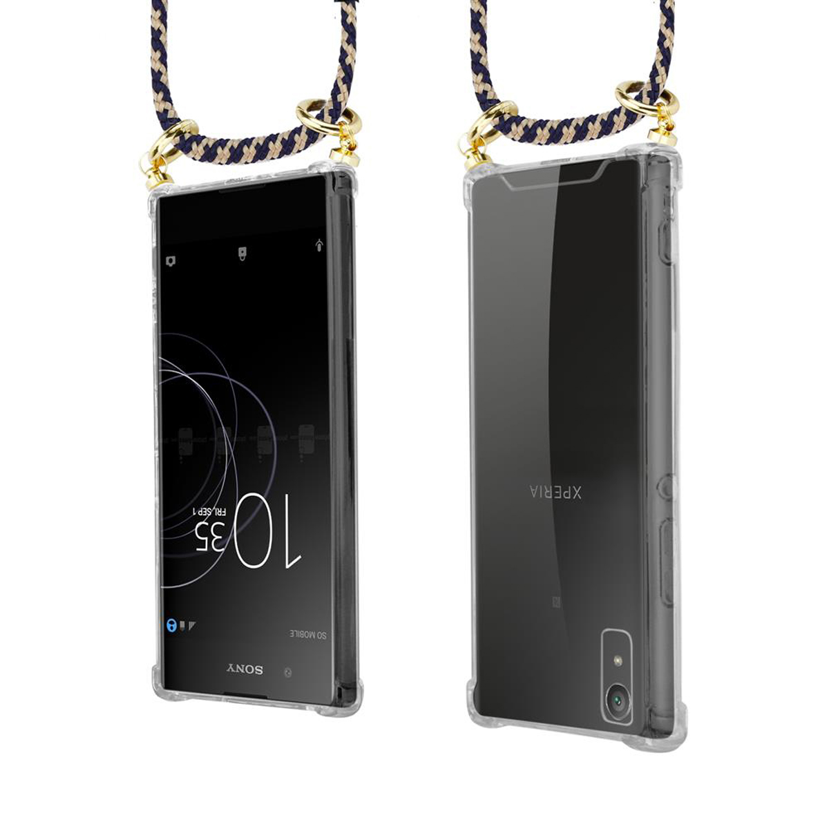 Smartphone mit Lanyard. Vorder- und Rückansicht des Telefons mit transparentem Gehäuse.