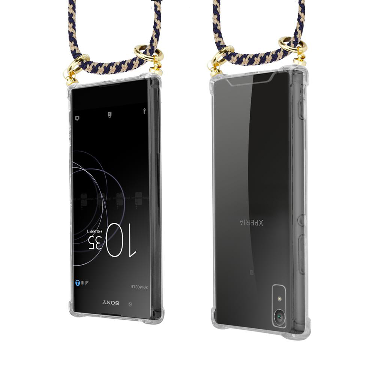 Ein Telefon mit durchsichtiger Hülle und Lanyard. Das Telefon zeigt die Uhrzeit 10:35 Uhr an. Die Hülle ist durchsichtig.