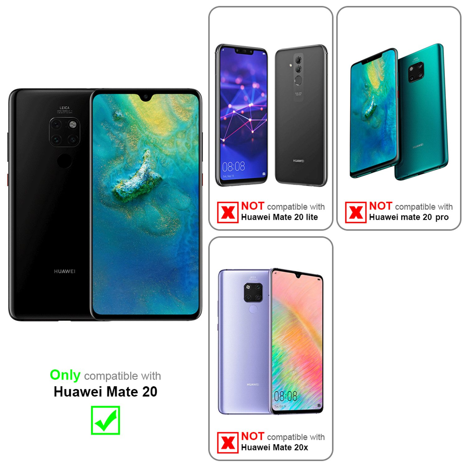 Drei Telefone. Eines ist kompatibel, die anderen nicht. Das kompatible Telefon ist Huawei Mate 20.