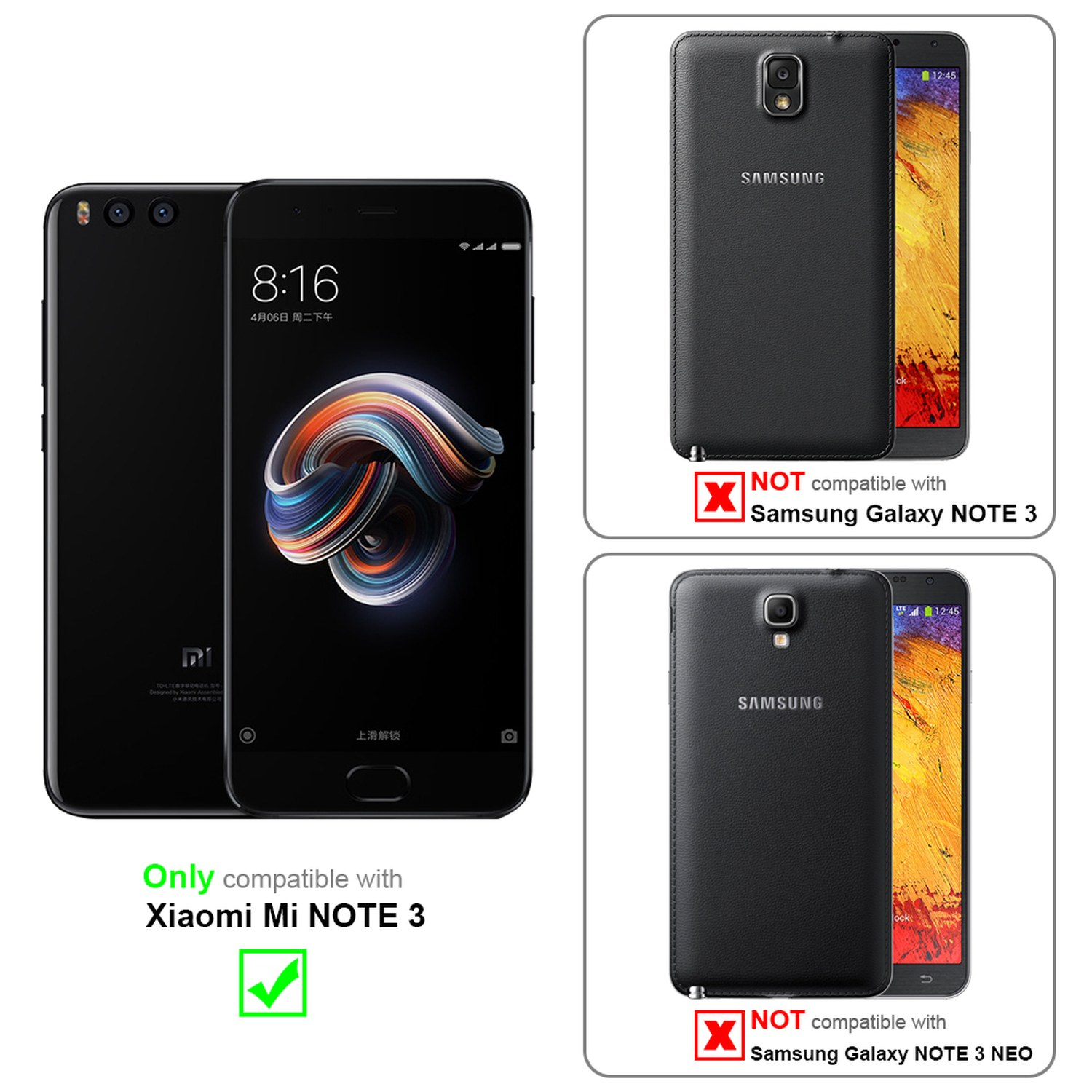 Due telefoni neri con custodie. Testo: Compatibile solo con Xiaomi Mi NOTE 3. Non compatibile con i telefoni Samsung.