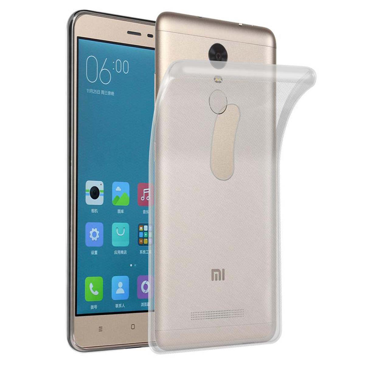 Telefono d'oro con custodia trasparente. Lo schermo del telefono mostra le icone delle app. Sfondo bianco.