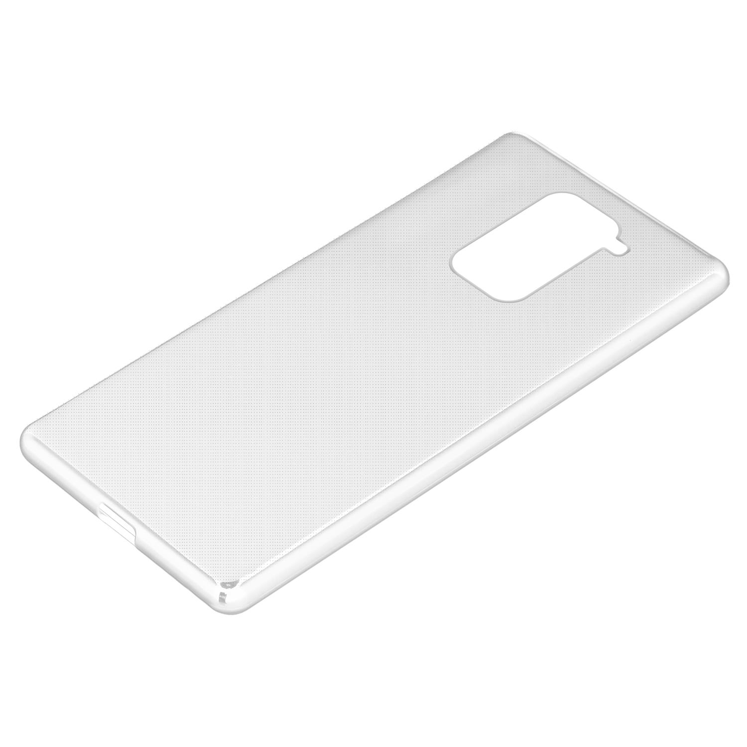 Weiße, transparente Handyhülle mit Kameraausschnitt, schräge Ansicht.