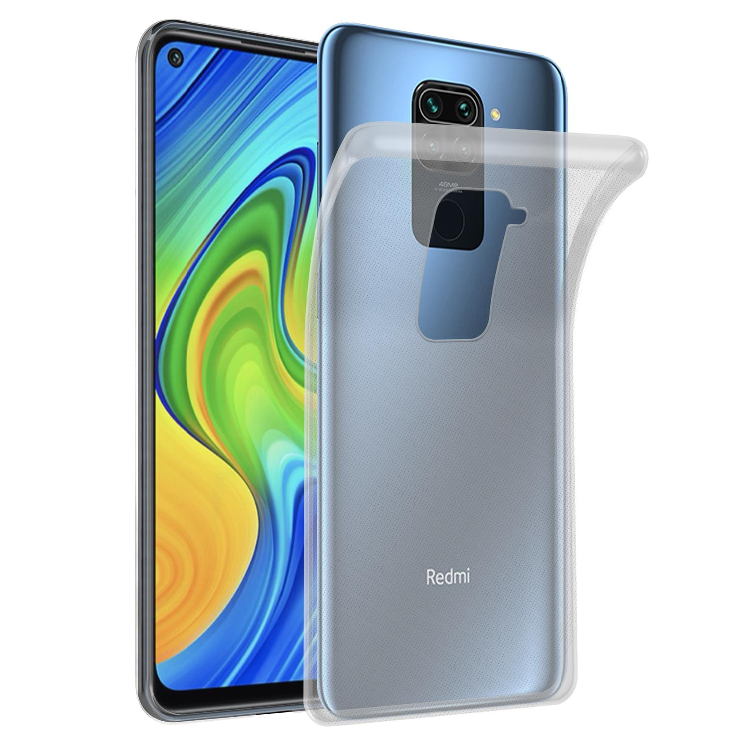 Smartphone in klarer Hülle, von vorne und hinten sichtbar, blaues Telefon.