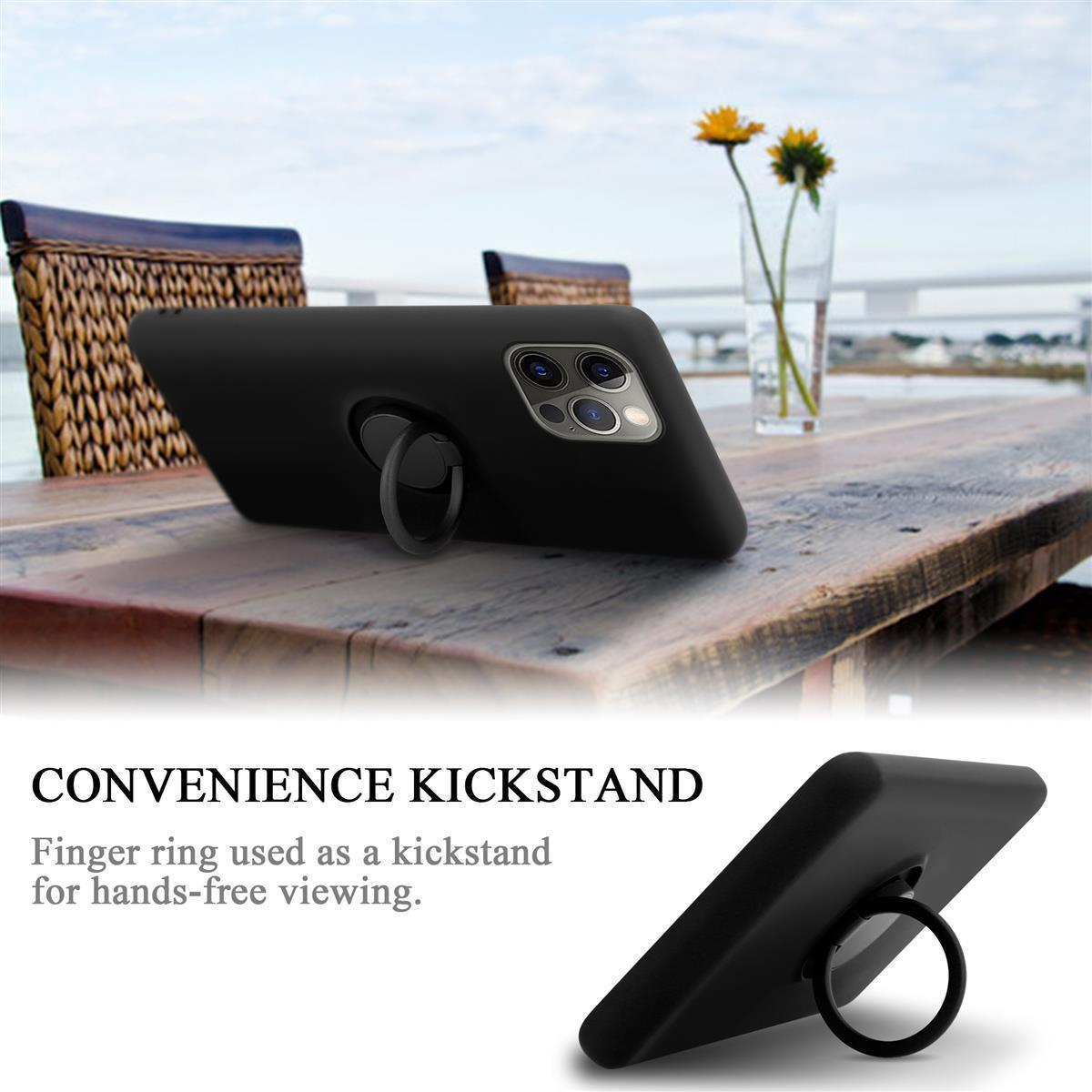 Schwarze Handyhülle mit Ringhalter auf einem Holztisch. Text: CONVENIENCE KICKSTAND.