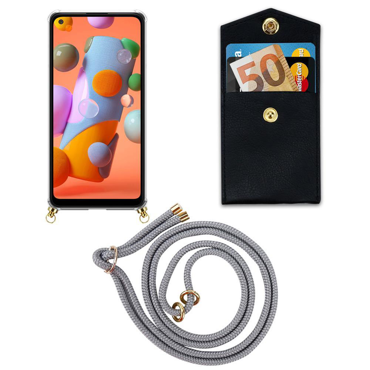 CADORABO Handy Kette mit Gold Galaxy Ringen, und Band GRAU / abnehmbarer Backcover, SILBER Kordel M11, A11 Samsung, Hülle