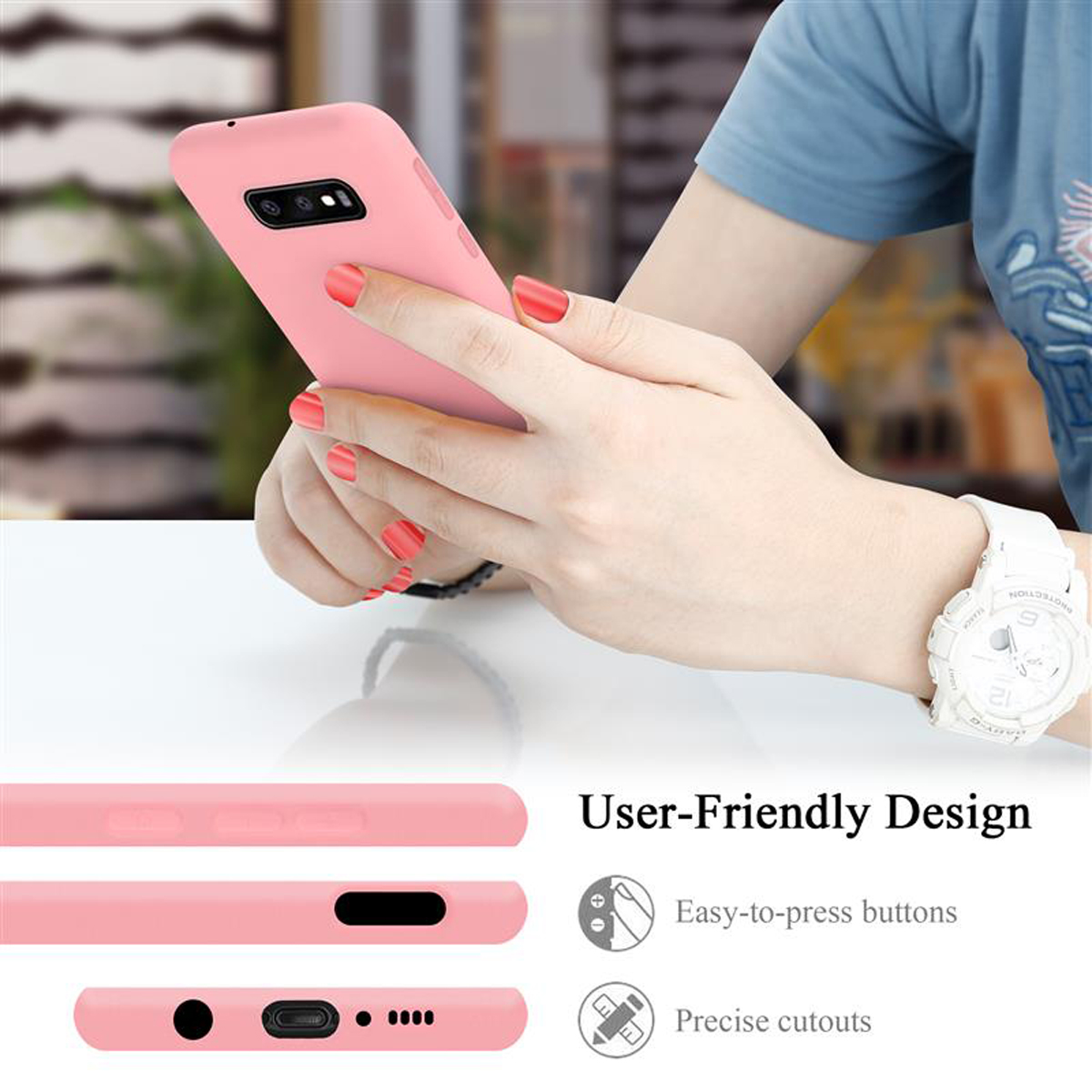 Eine rosa Handyhülle mit benutzerfreundlichen Designsymbolen und Telefondetails unten.