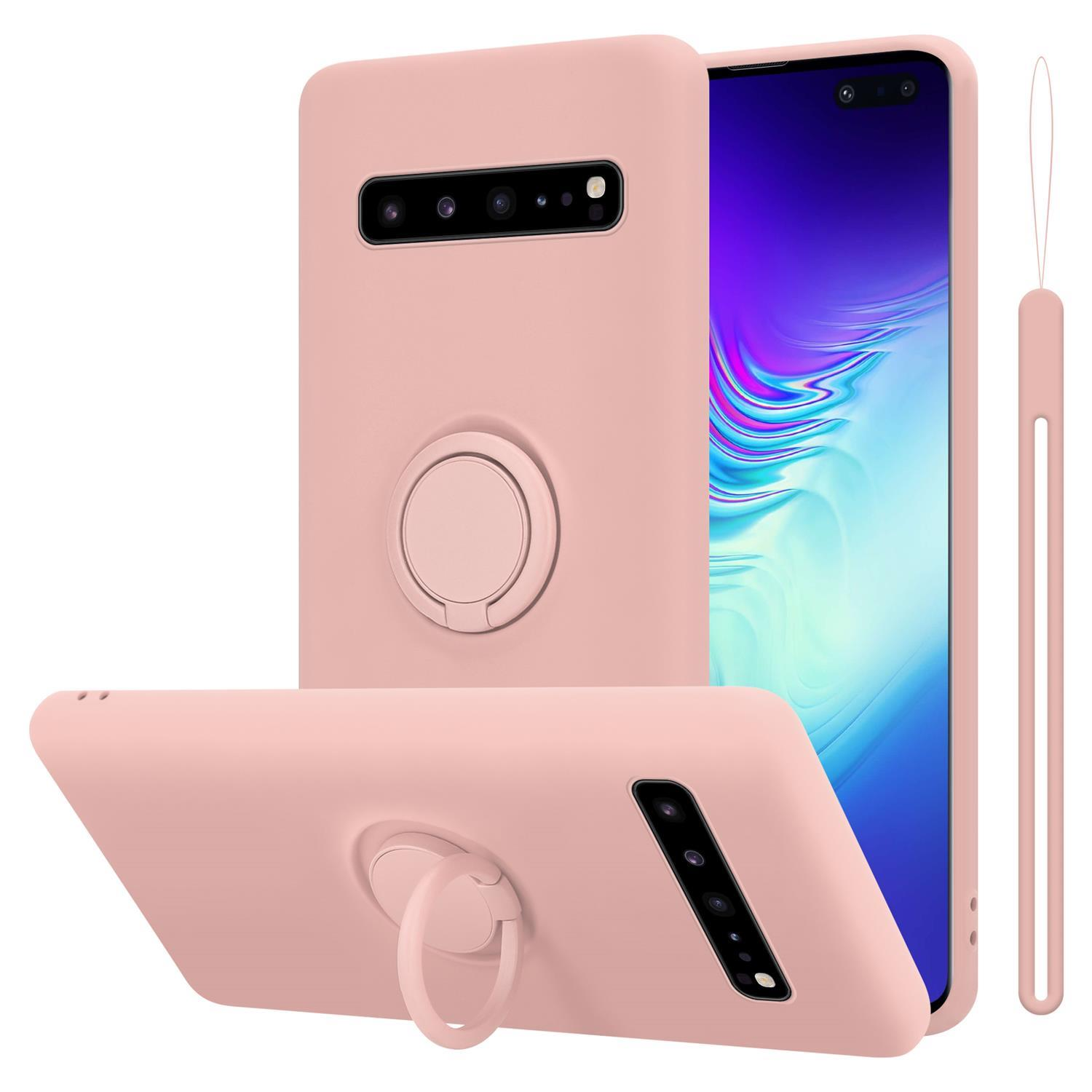 Custodia per telefono rosa con anello di supporto. Telefono sullo schermo con sfondo bianco.