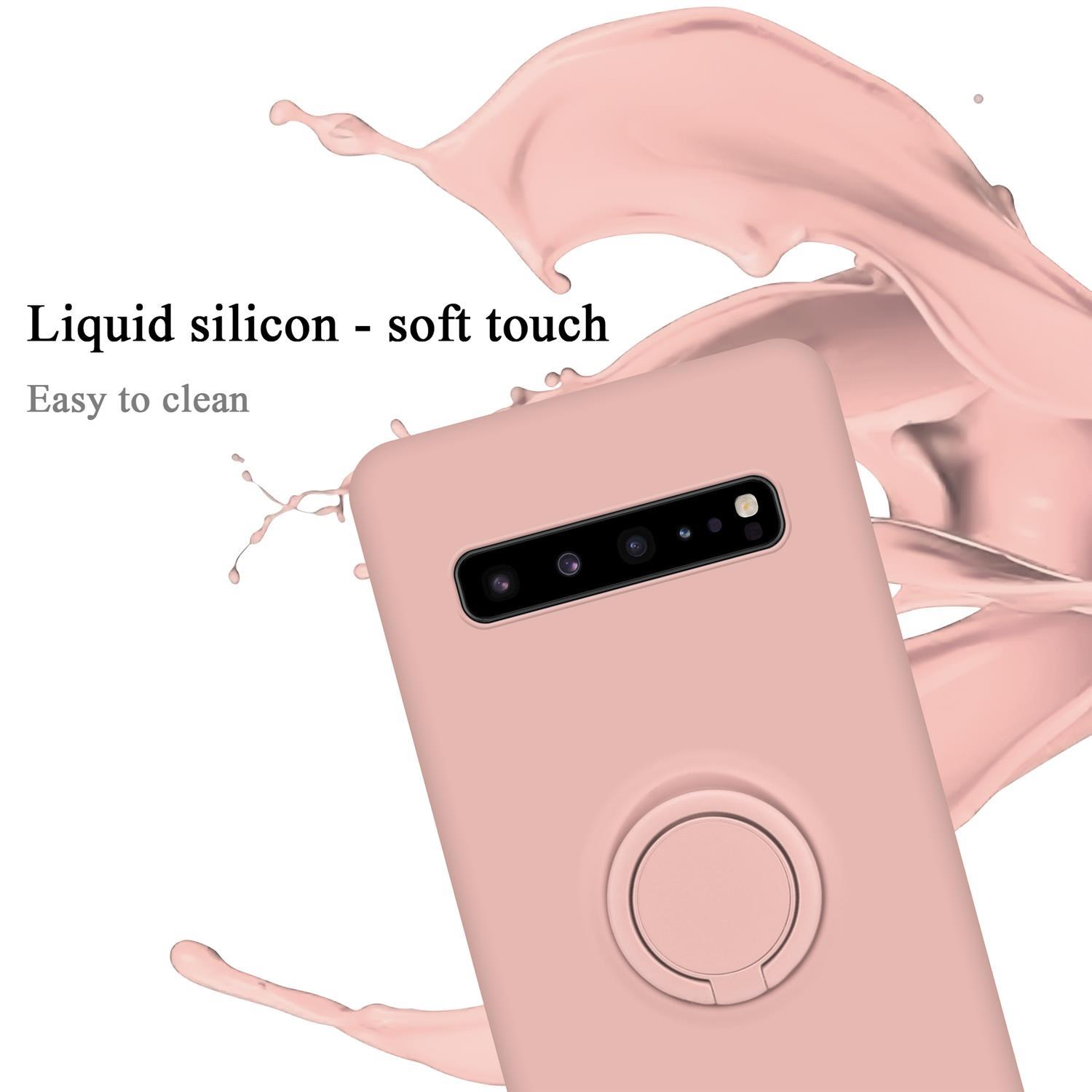 Custodia rosa con anello. Sfondo con spruzzo di vernice. Testo: Soft touch.