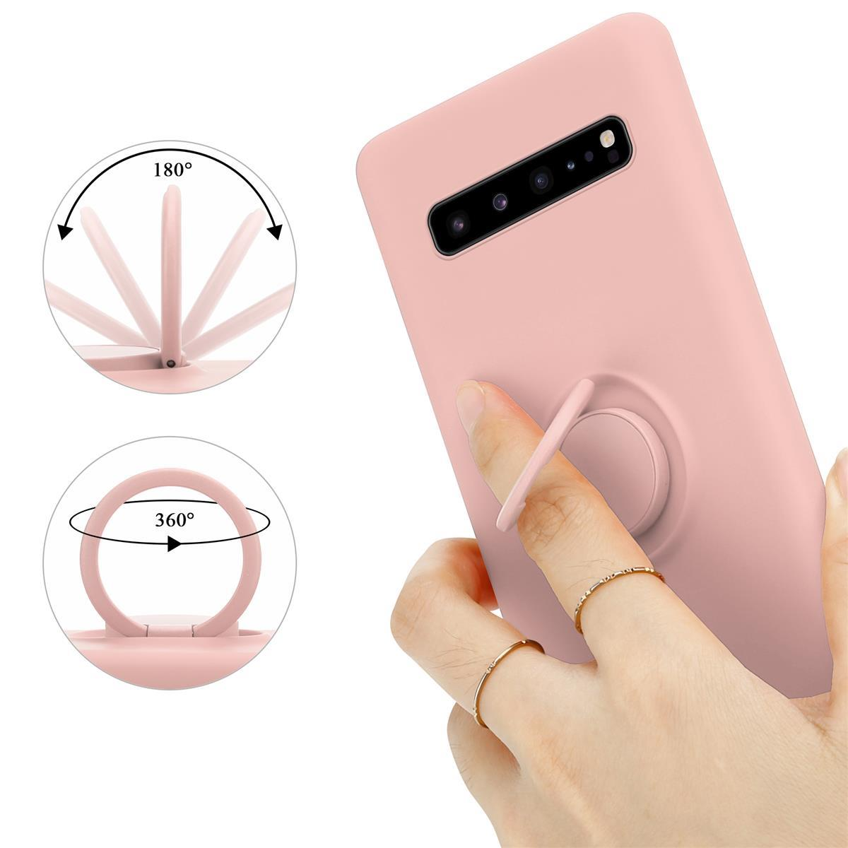 Custodia per telefono rosa con supporto ad anello, che mostra una rotazione di 180 e 360 gradi. Una mano tiene l'anello.
