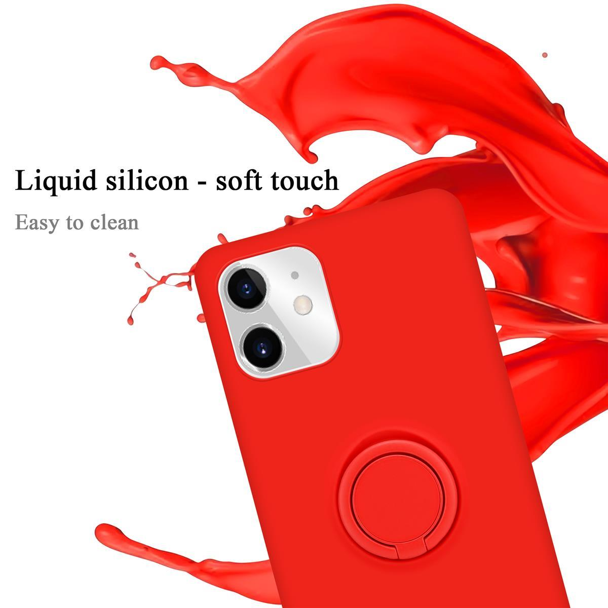 Custodia per telefono rossa con supporto ad anello. La custodia è rossa. C'è liquido sullo sfondo.
