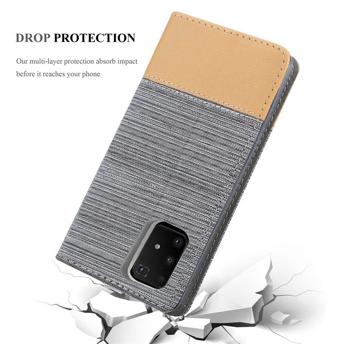 Custodia per telefono con un design beige e grigio, appoggiata su una superficie incrinata.