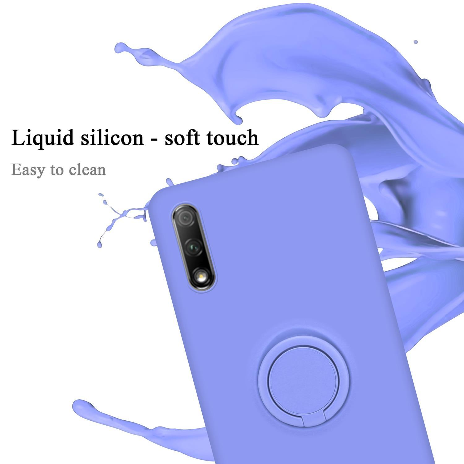 Una cover per telefono blu con un supporto ad anello. Uno spruzzo di colore blu è sullo sfondo. La cover ha un ritaglio per la fotocamera.