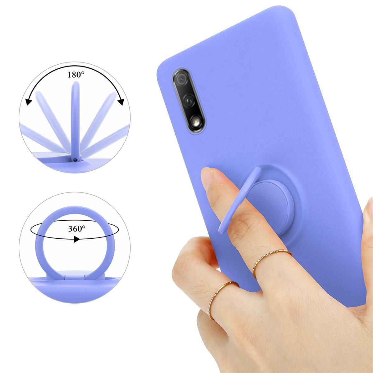 Custodia per telefono viola con supporto ad anello e una mano con anelli. Frecce mostrano posizioni.