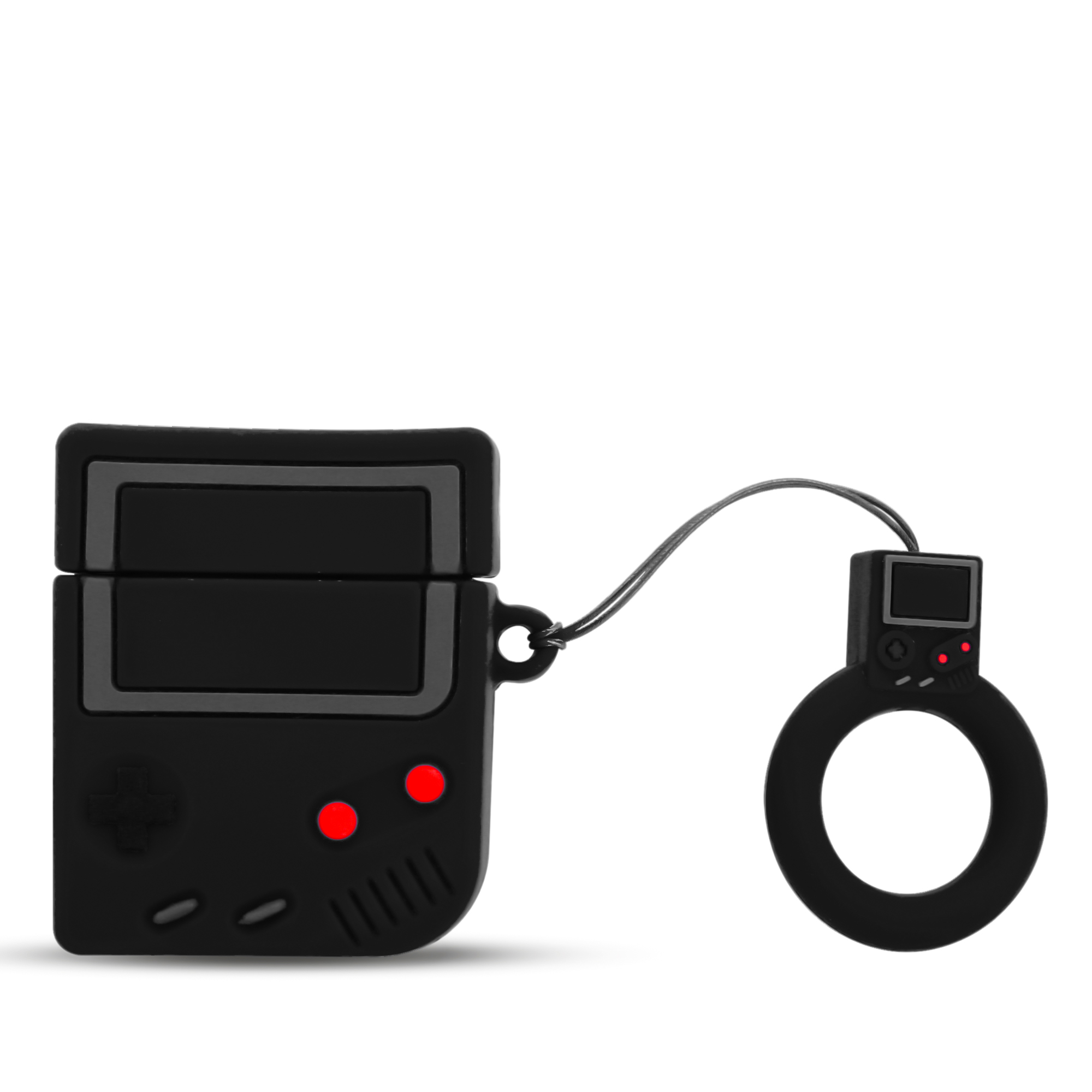 Schwarzes Airpods-Etui in Form eines Gamecontrollers, mit abnehmbarer Schlaufe. Isoliert auf Weiß.