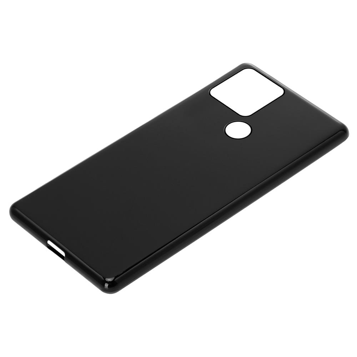 Custodia nera per telefono con intaglio per fotocamera e fori per i pulsanti. Sfondo bianco. Design semplice.