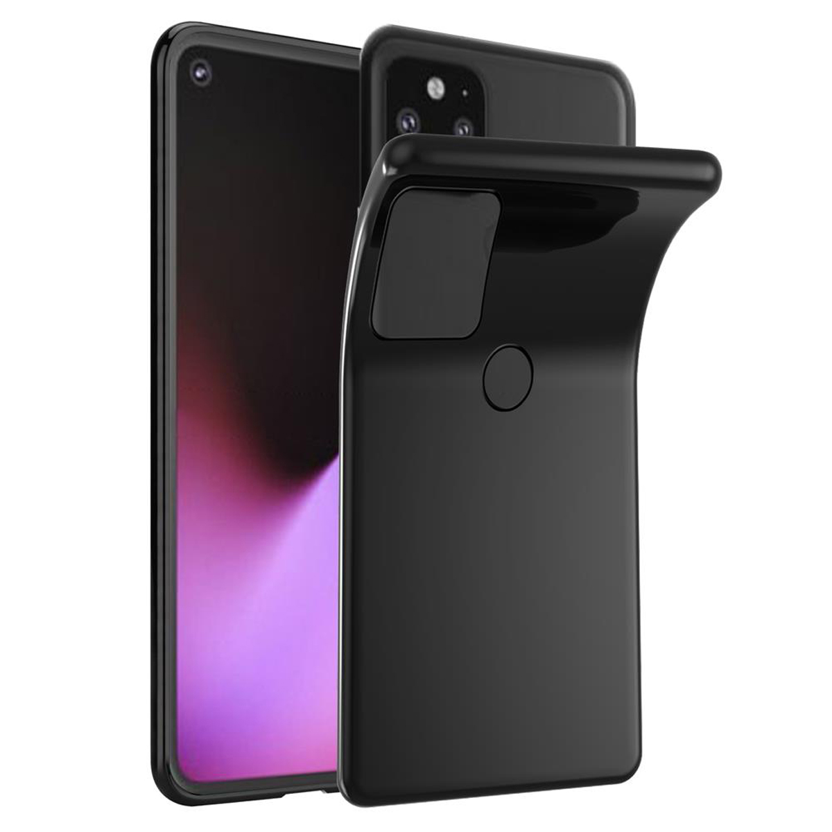 Telefono nero in una custodia nera. La custodia è aperta, rivelando lo schermo.
