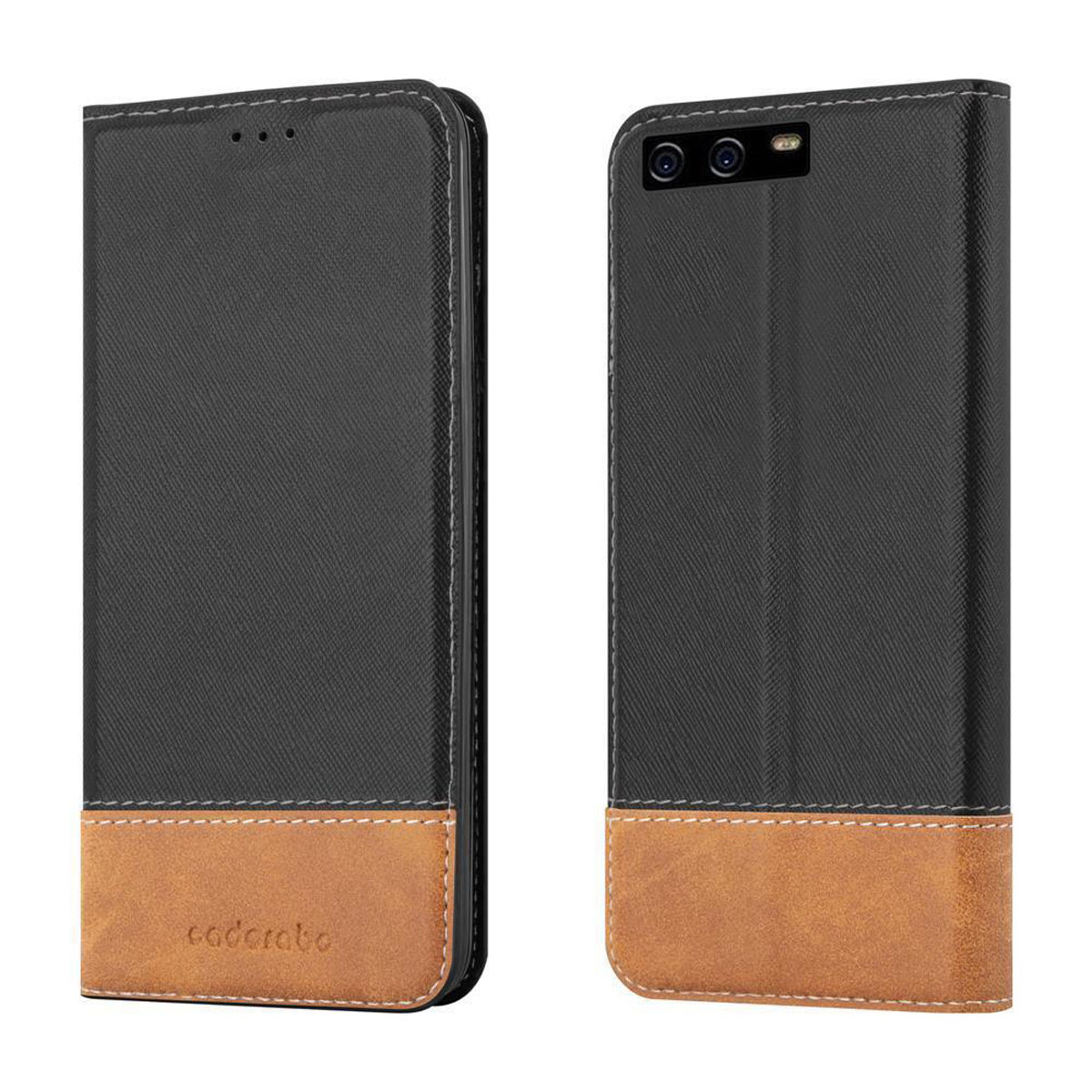Handyhülle, geöffnet. Die Hülle hat schwarzes und braunes Leder. Ein Telefon liegt darin.