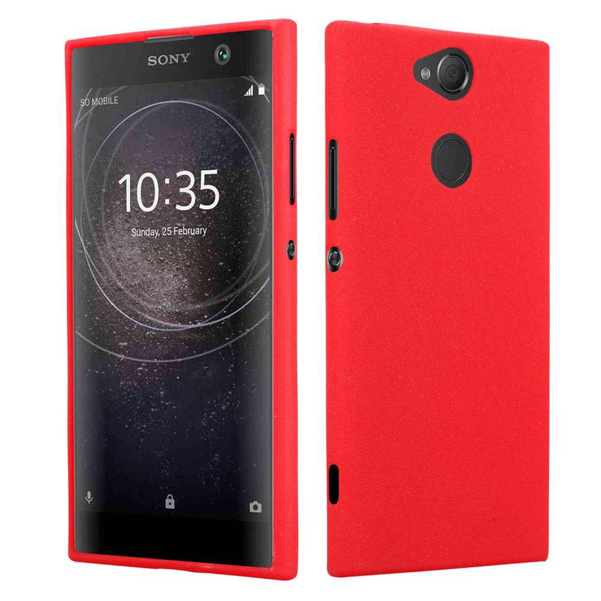 Teléfono rojo con pantalla negra. El teléfono muestra la hora. La funda es roja.