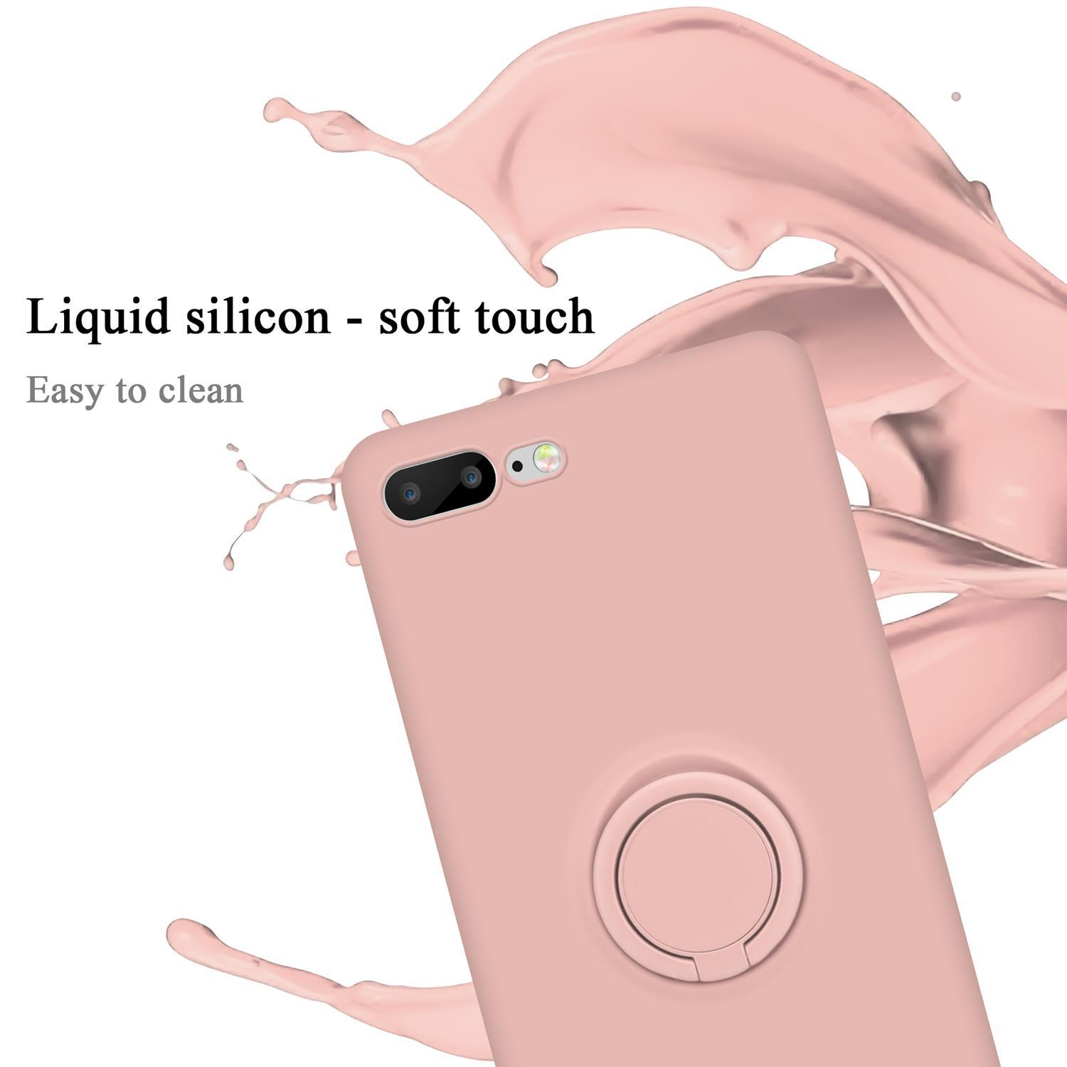 Eine rosa Handyhülle mit Ringhalter. Rosa Flüssigkeit spritzt im Hintergrund. Text: Flüssigsilikon - weiche Haptik.