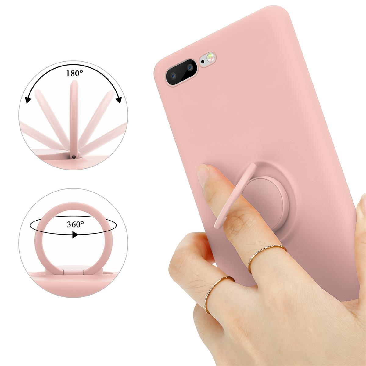 Rosa Handyhülle mit Ringhalter, gehalten von einer Hand. Diagramme zeigen 180 und 360 Grad Bewegung.