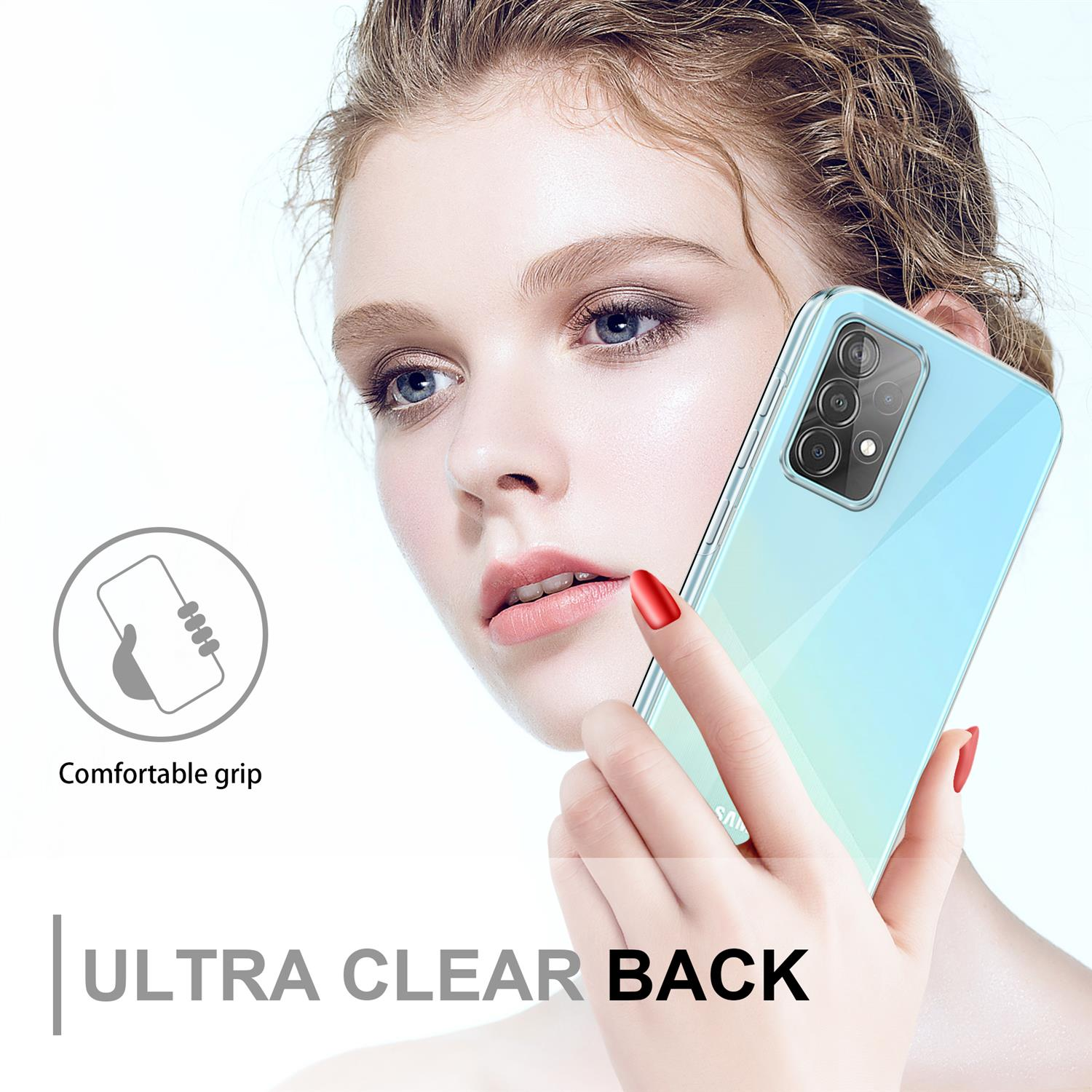 Una donna tiene un telefono con cover posteriore trasparente. Il testo dice 'Ultra Clear Back' e 'Comfortable grip'.