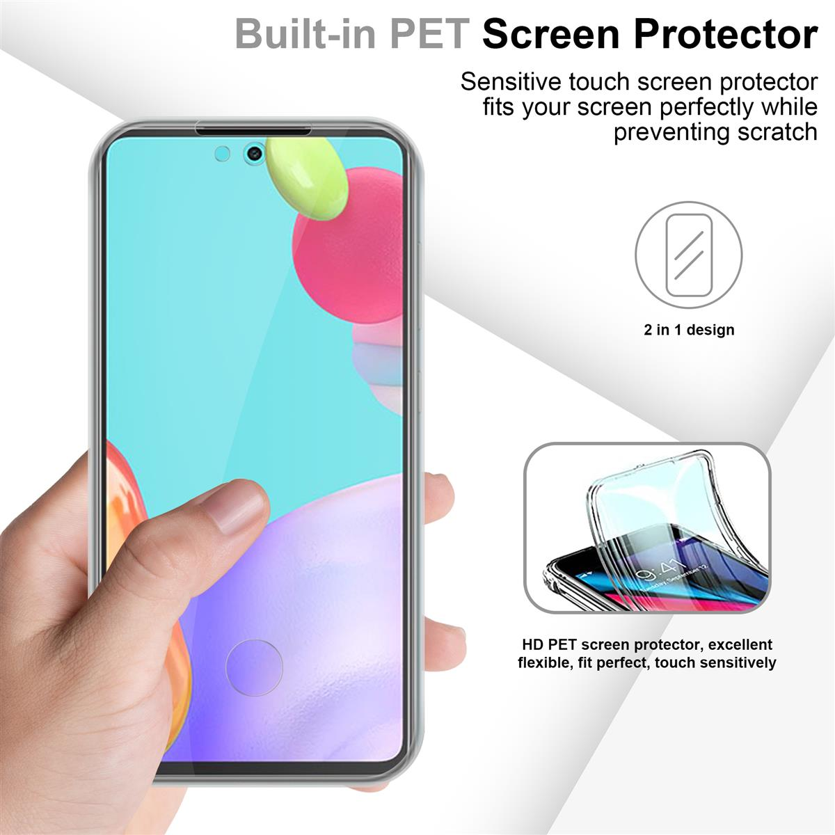 Telefono con protezione schermo. Mano che tiene il telefono. Testo: Built-in PET Screen Protector.