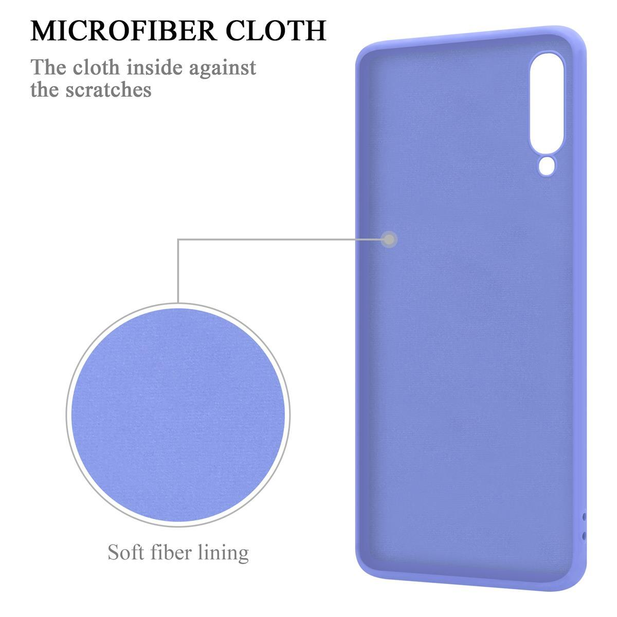 Una custodia per telefono viola con un diagramma di panno in microfibra, che spiega l'interno in morbida fibra.