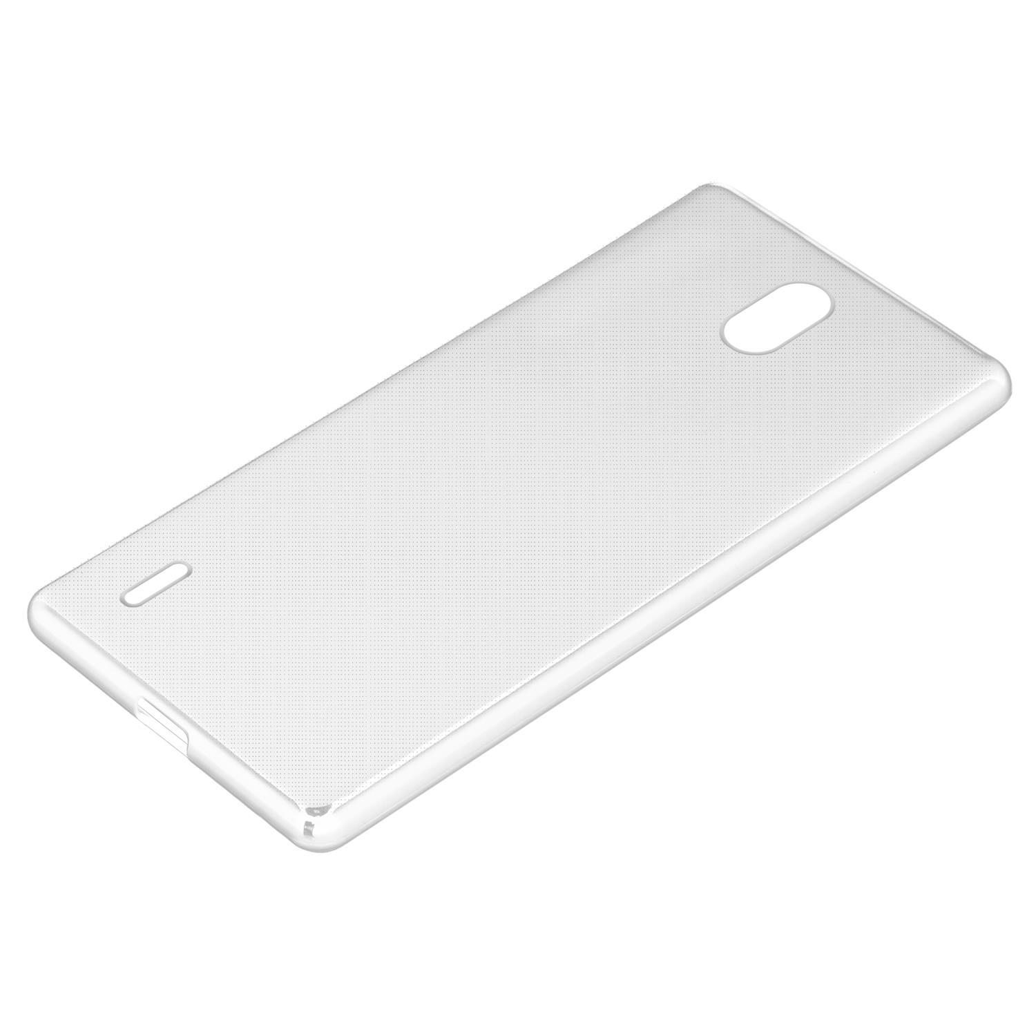 Eine transparente Handyhülle, schräg vor weißem Hintergrund. Umrisse für Kamera und Knöpfe sind sichtbar.