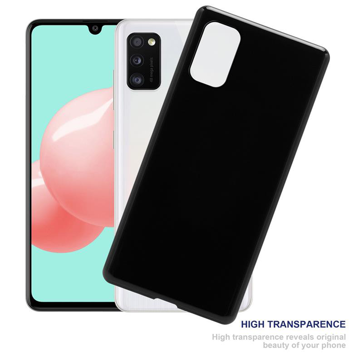 Due telefoni, uno bianco, l'altro nero, con una custodia nera, e il testo: Alta trasparenza. L'alta trasparenza rivela la bellezza originale.