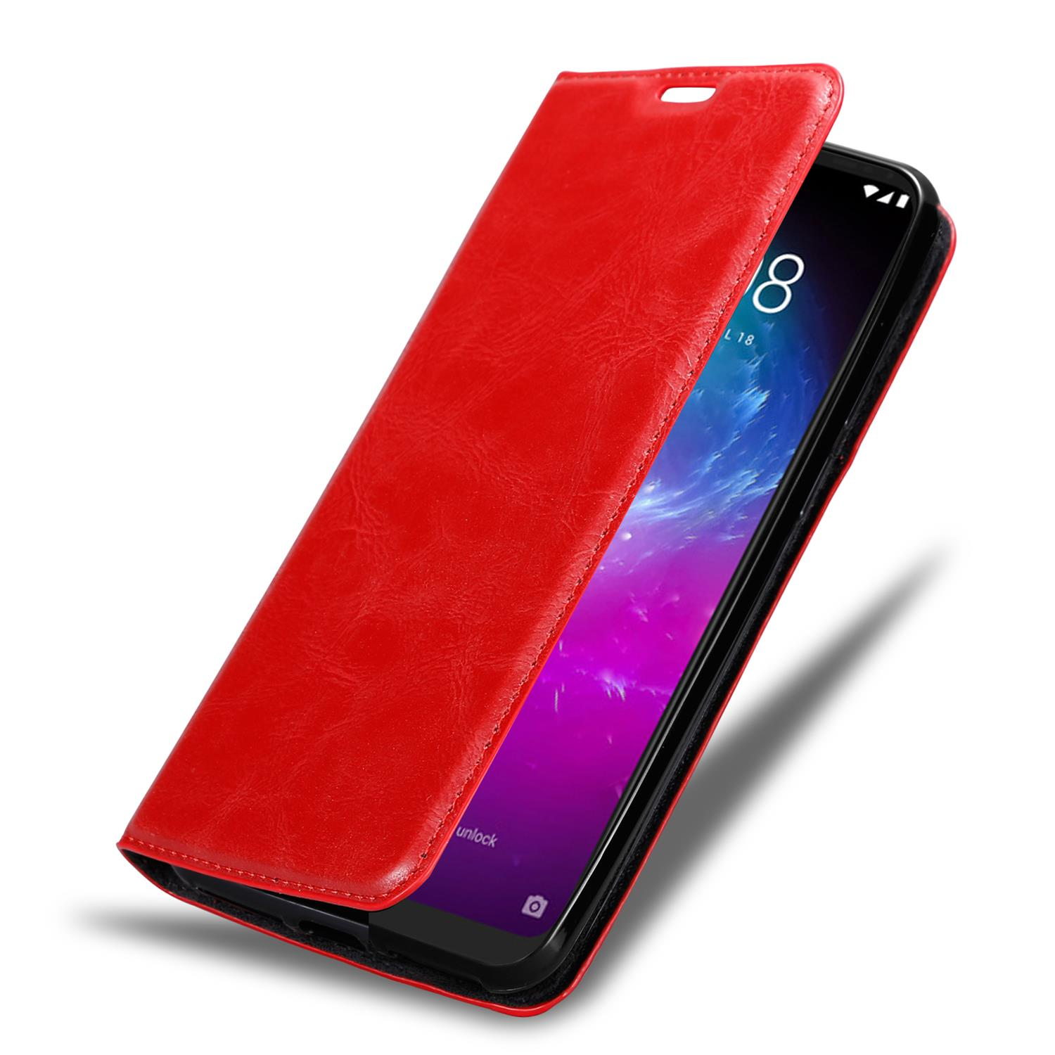 Eine rote Leder-Handyhülle, geöffnet, um ein Telefon mit einem blau-weißen Bildschirm zu zeigen.