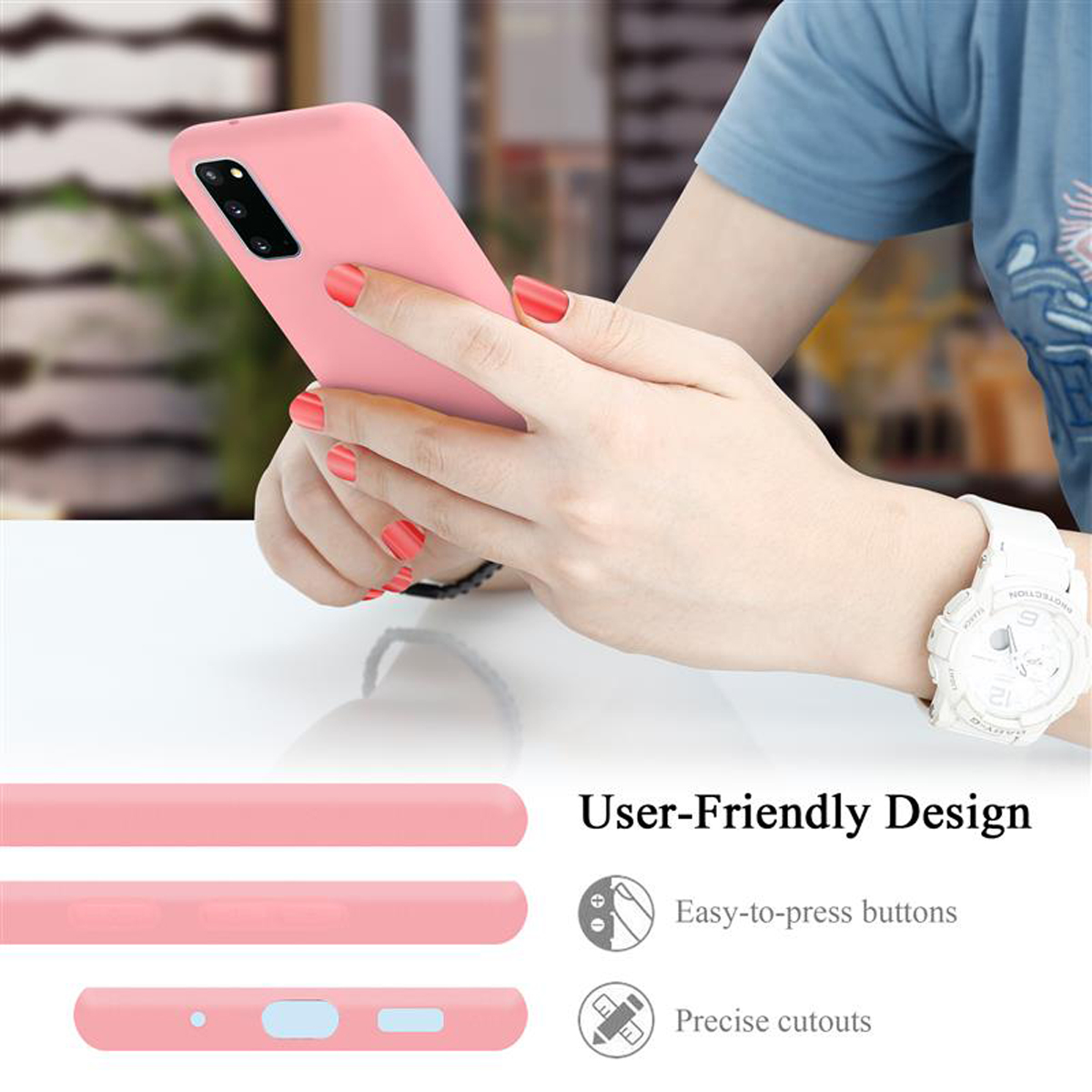 Eine Hand mit lackierten Nägeln hält ein rosa Telefon. Benutzerfreundliches Design wird gezeigt.