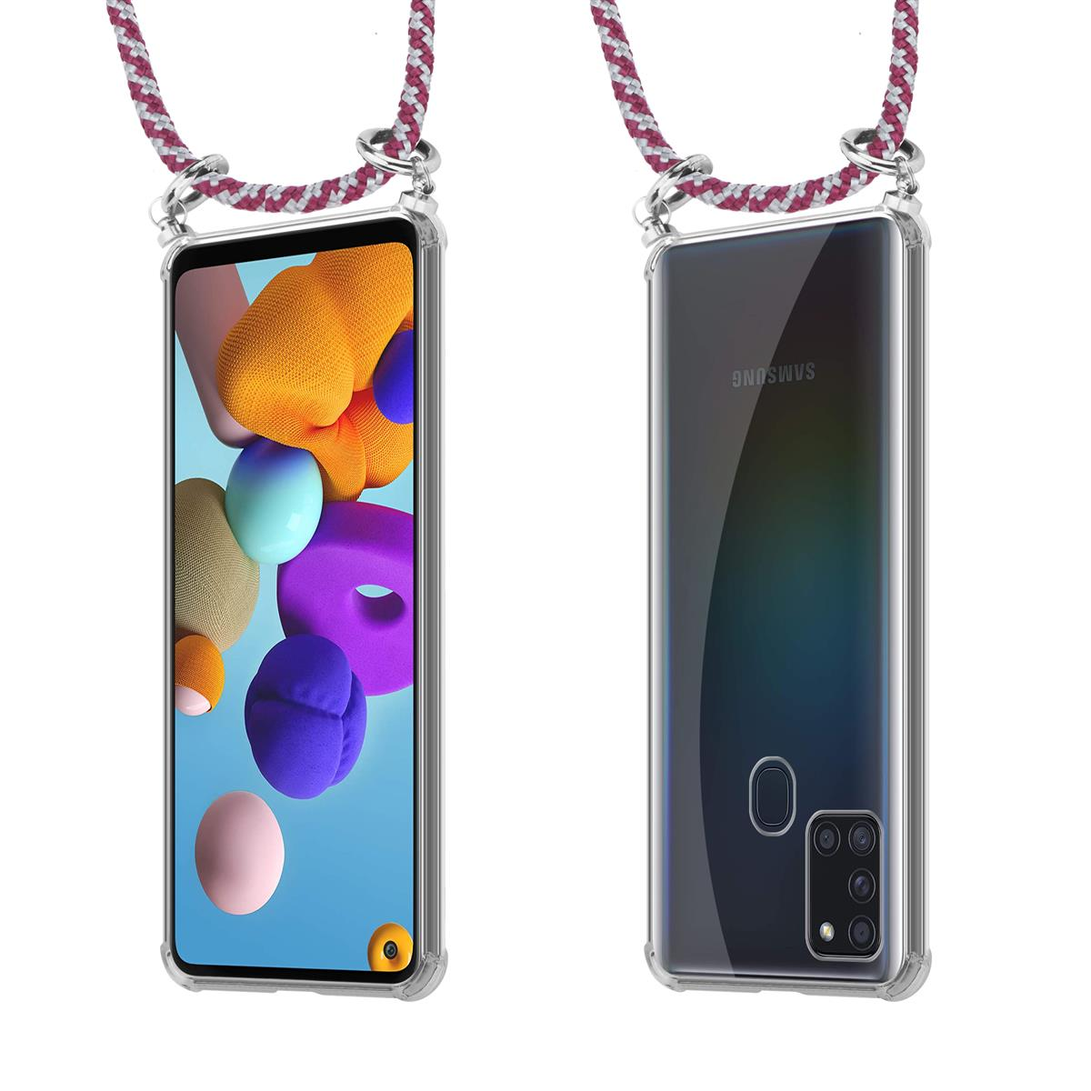 Telefono in una custodia trasparente con cinturino da collo. Due viste, anteriore e posteriore.
