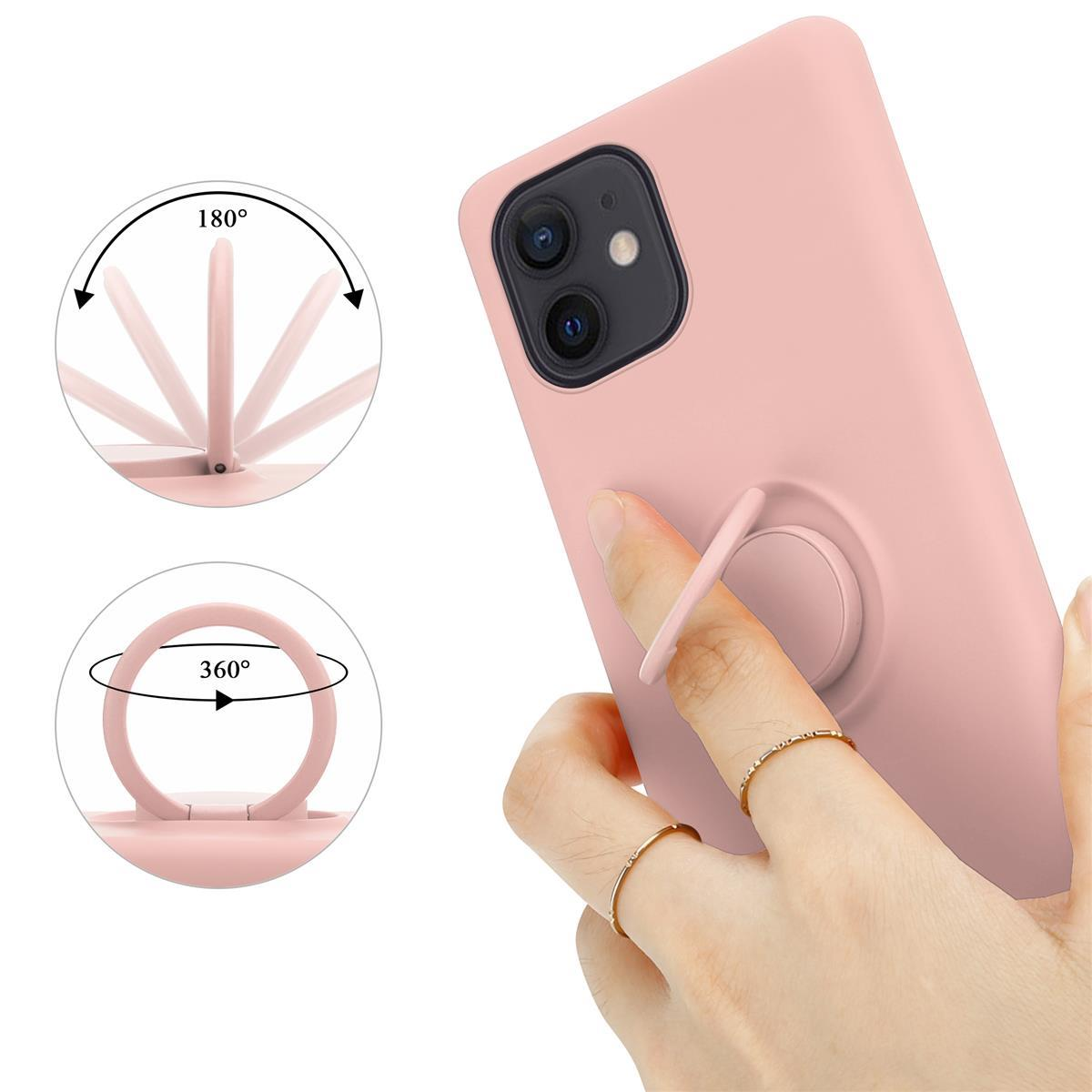 Eine rosa Handyhülle mit Ringhalter in einer Hand. Illustrationen zeigen Ringbewegung.